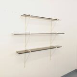 Large vintage wall shelf in smoked glass and white metal in String style.
