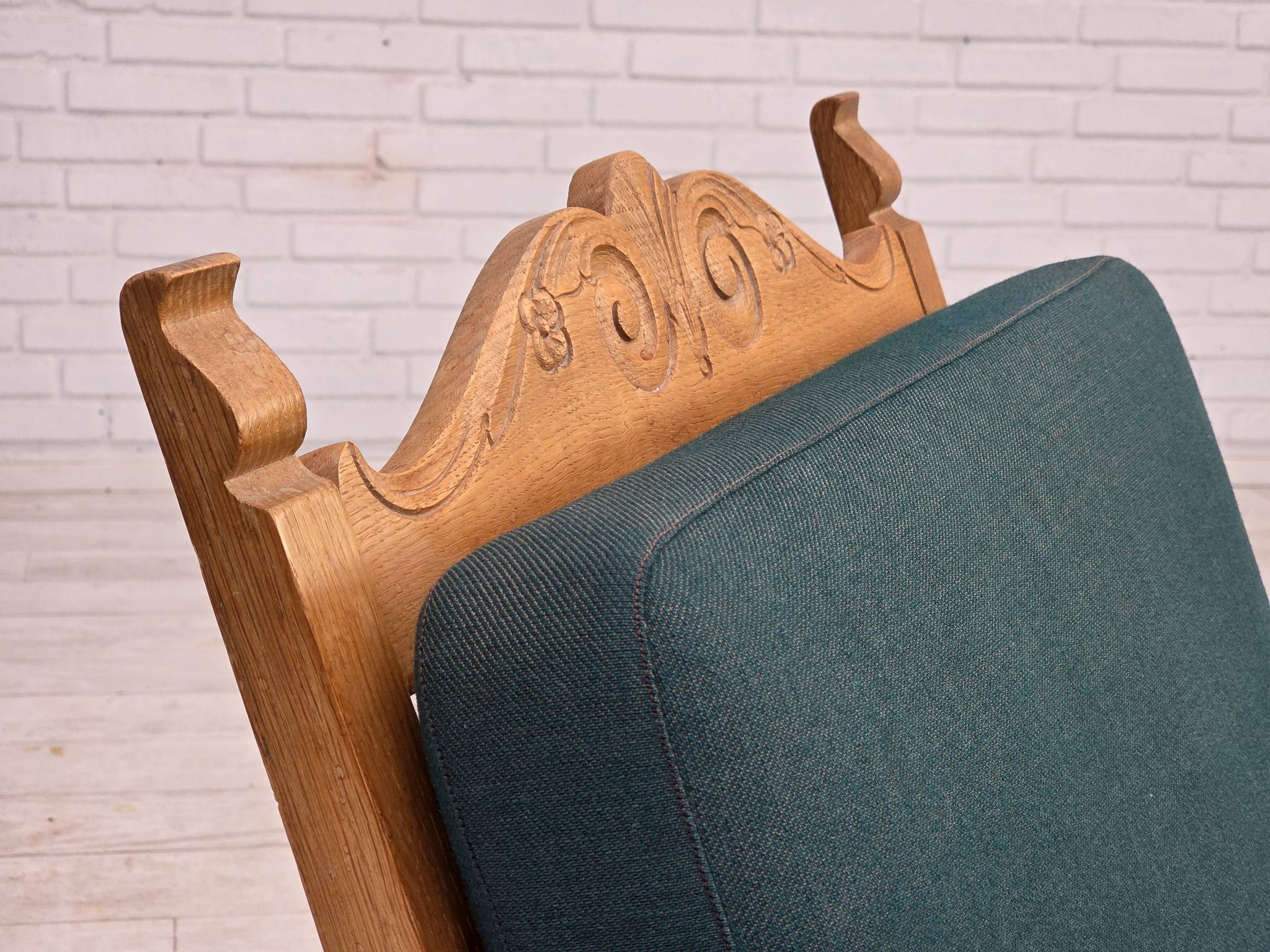 1970s, Scandinavian lounge chair, green furniture wool, solid oak wood.