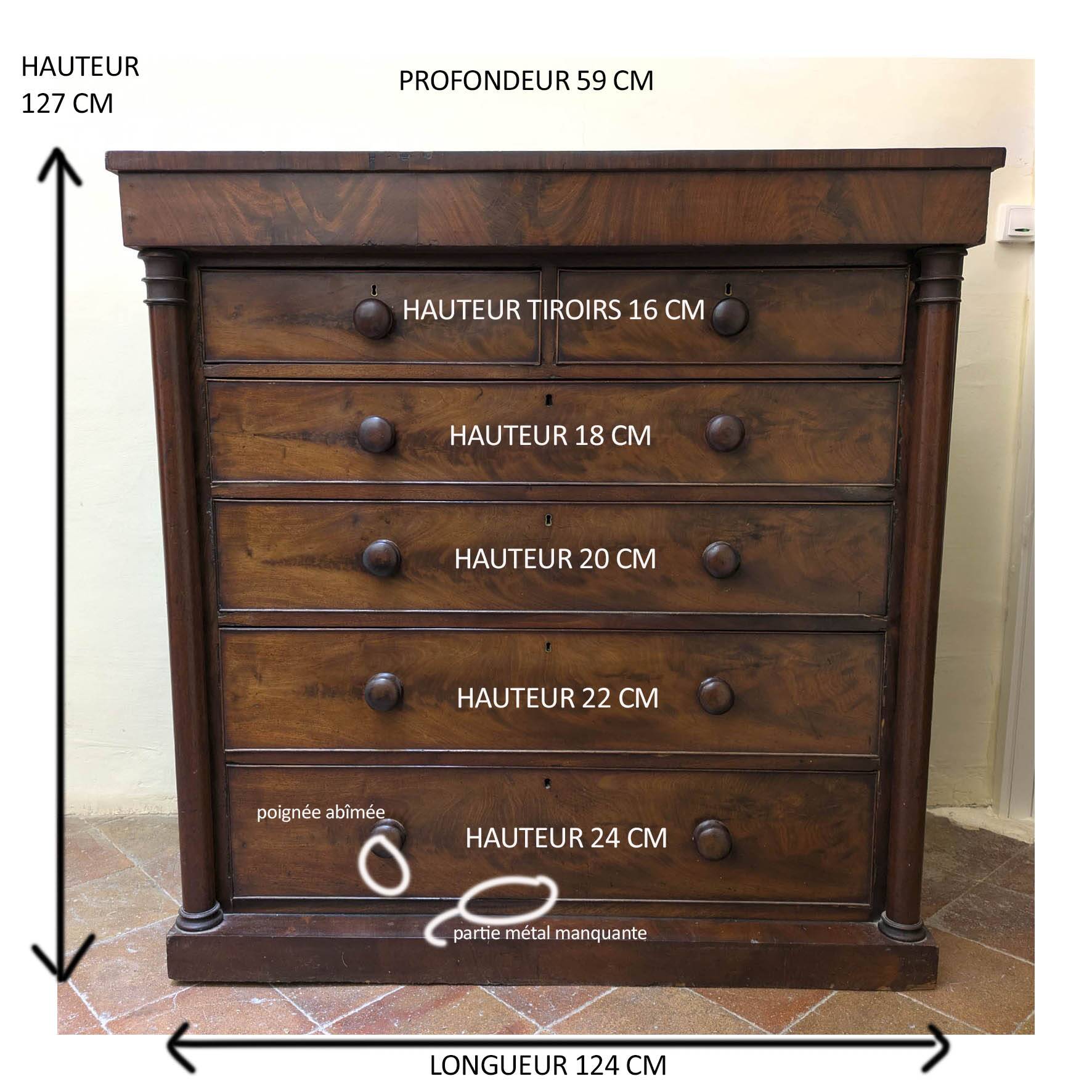 Antique English wooden chest of drawers, 19th century, H127cm