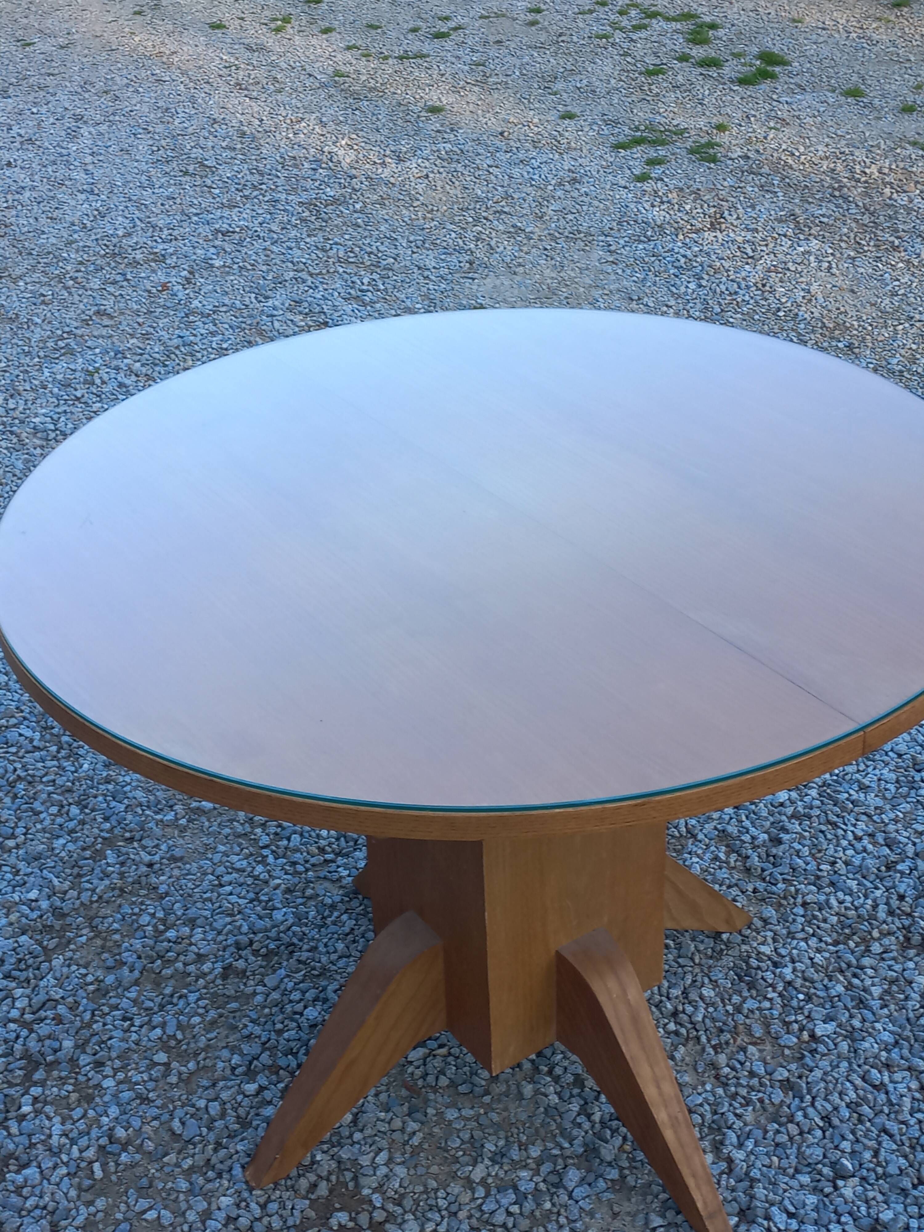 1950s round oak table, 2 heights, central quadripod leg