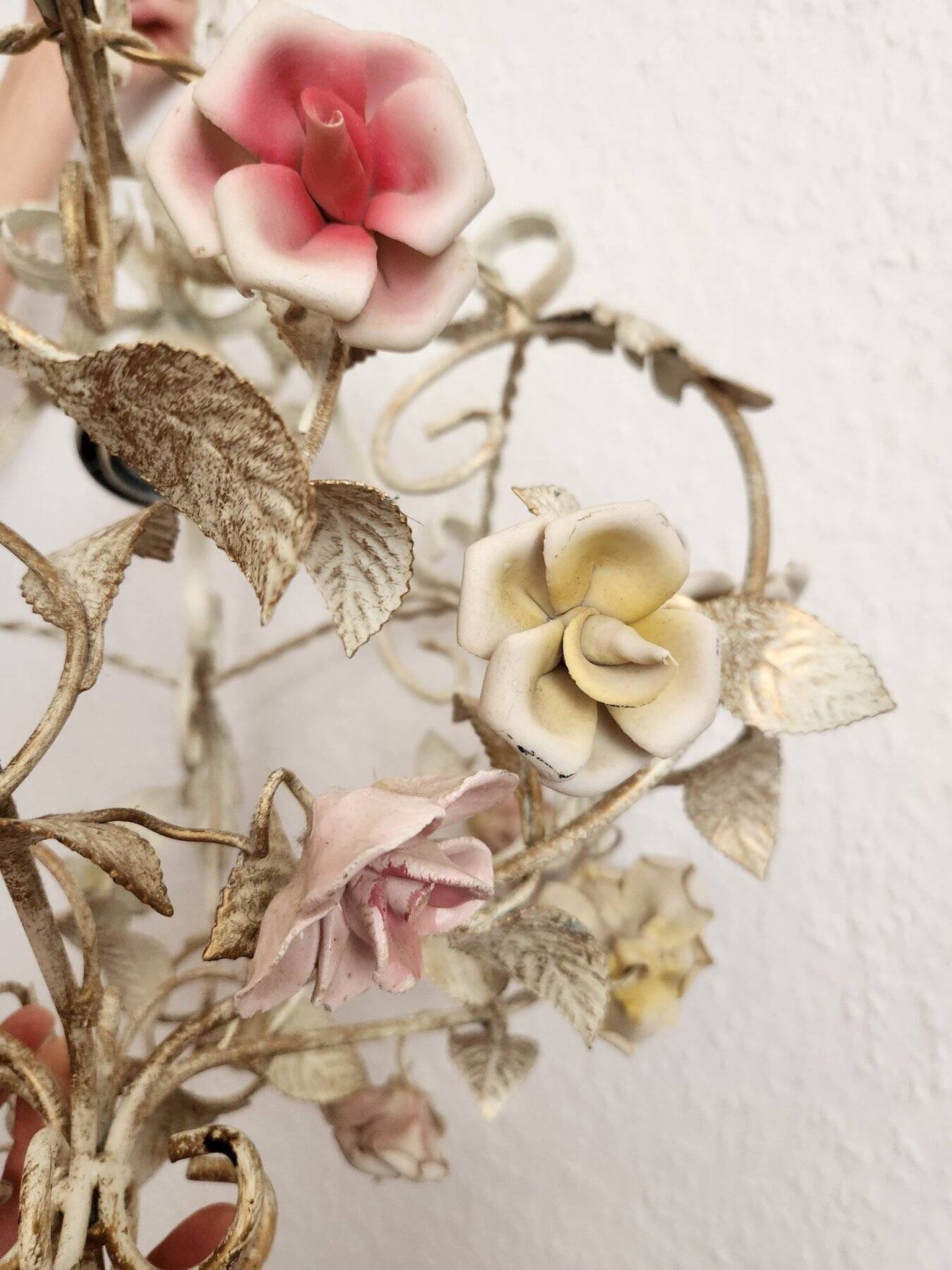 Hand-forged vintage pendant lamp with porcelain roses, Denz Neheim Hüsten