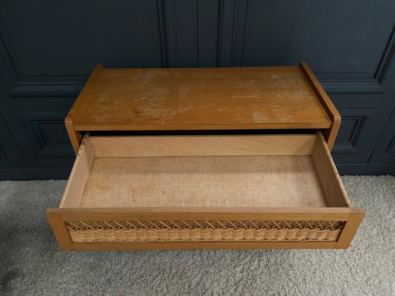 Light oak and rattan chest of drawers with compass feet, three drawers, 1960
