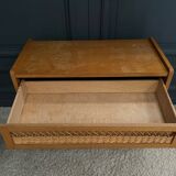 Light oak and rattan chest of drawers with compass feet, three drawers, 1960