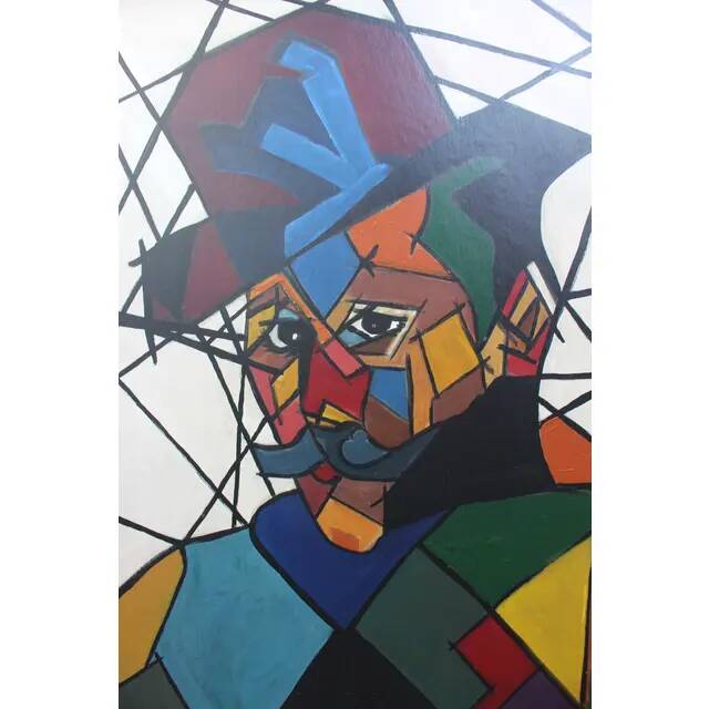 "Man in Hat" Contemporary Cubist Style Figurative Acrylic Painting Framed