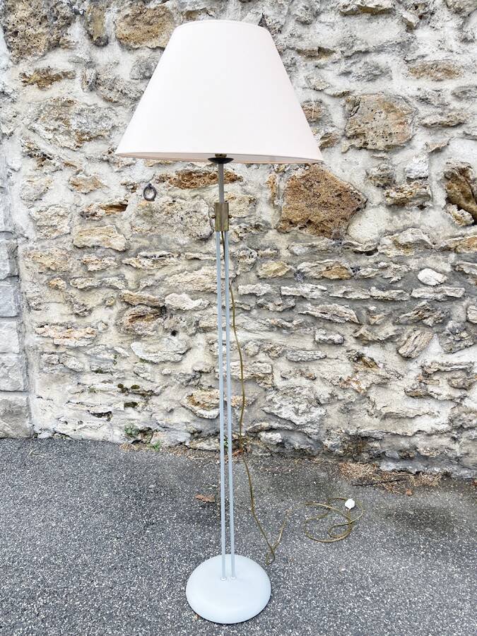 Tubular floor lamp in blue-grey metal and brass, 1930