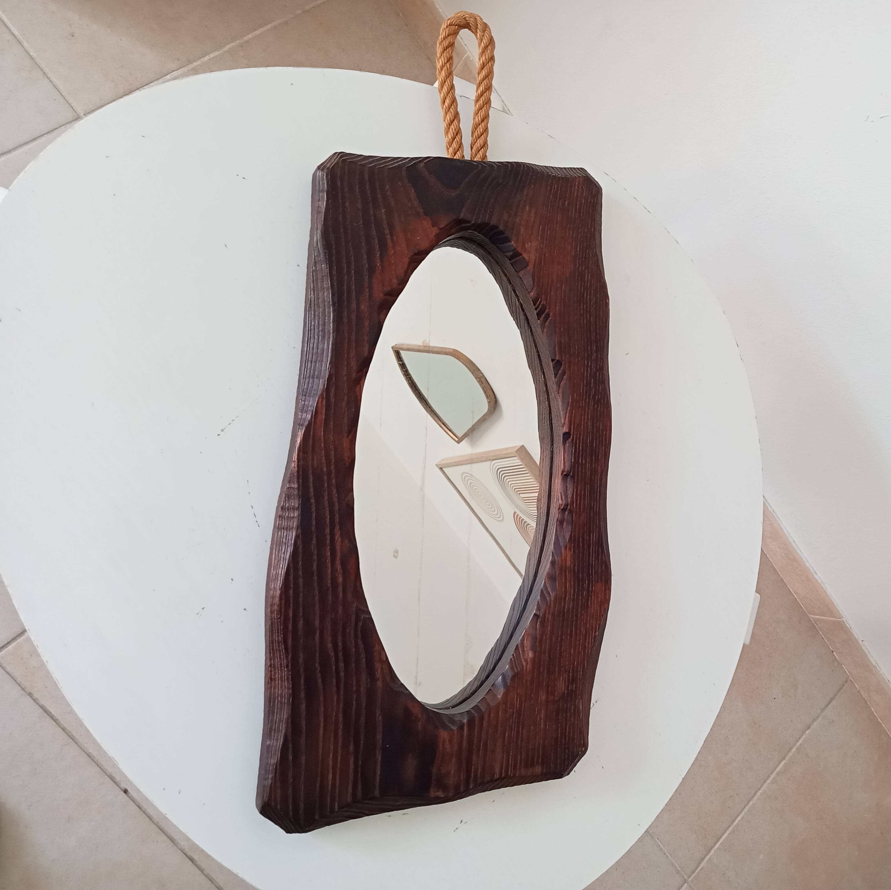 Brutalist antique mirror in solid wood from the 1950s/60s.