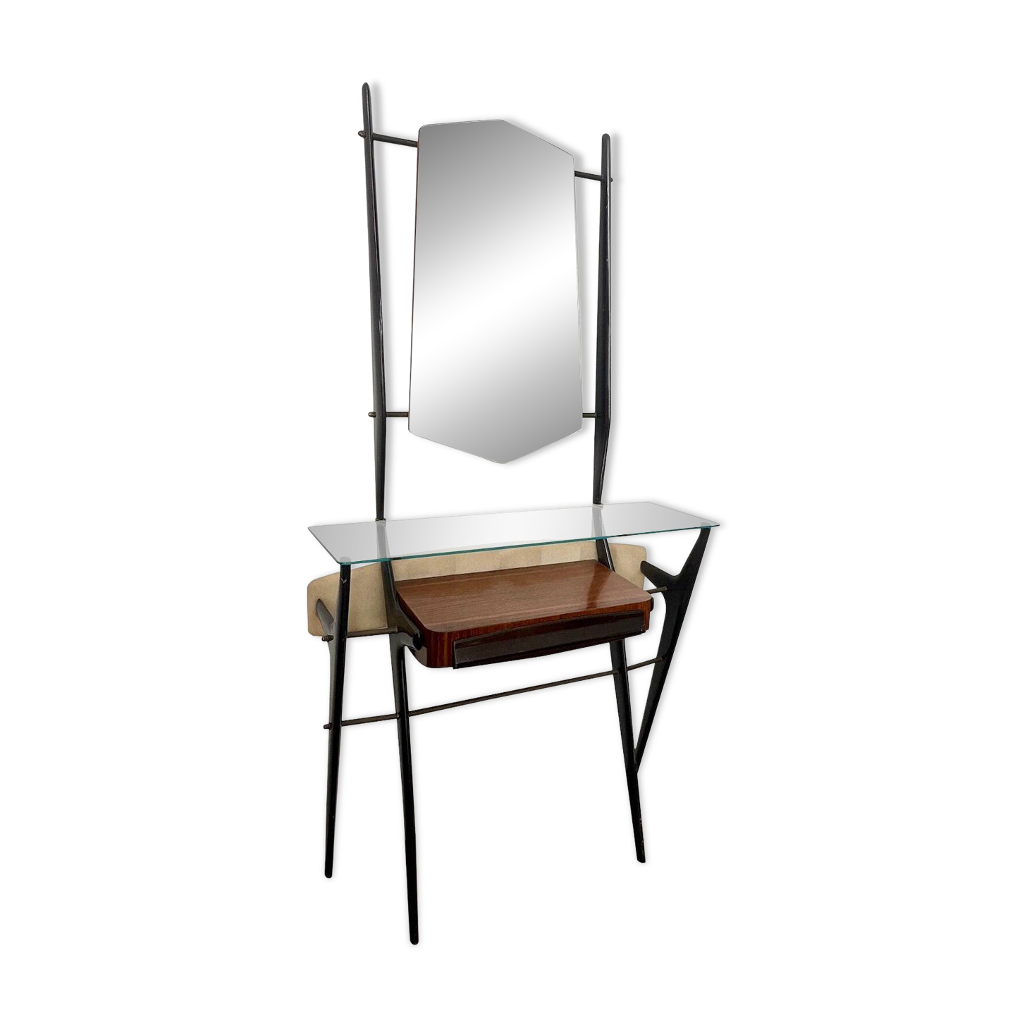 Table console laquée avec plateau en verre et miroir