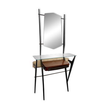 Table console laquée avec plateau en verre et miroir