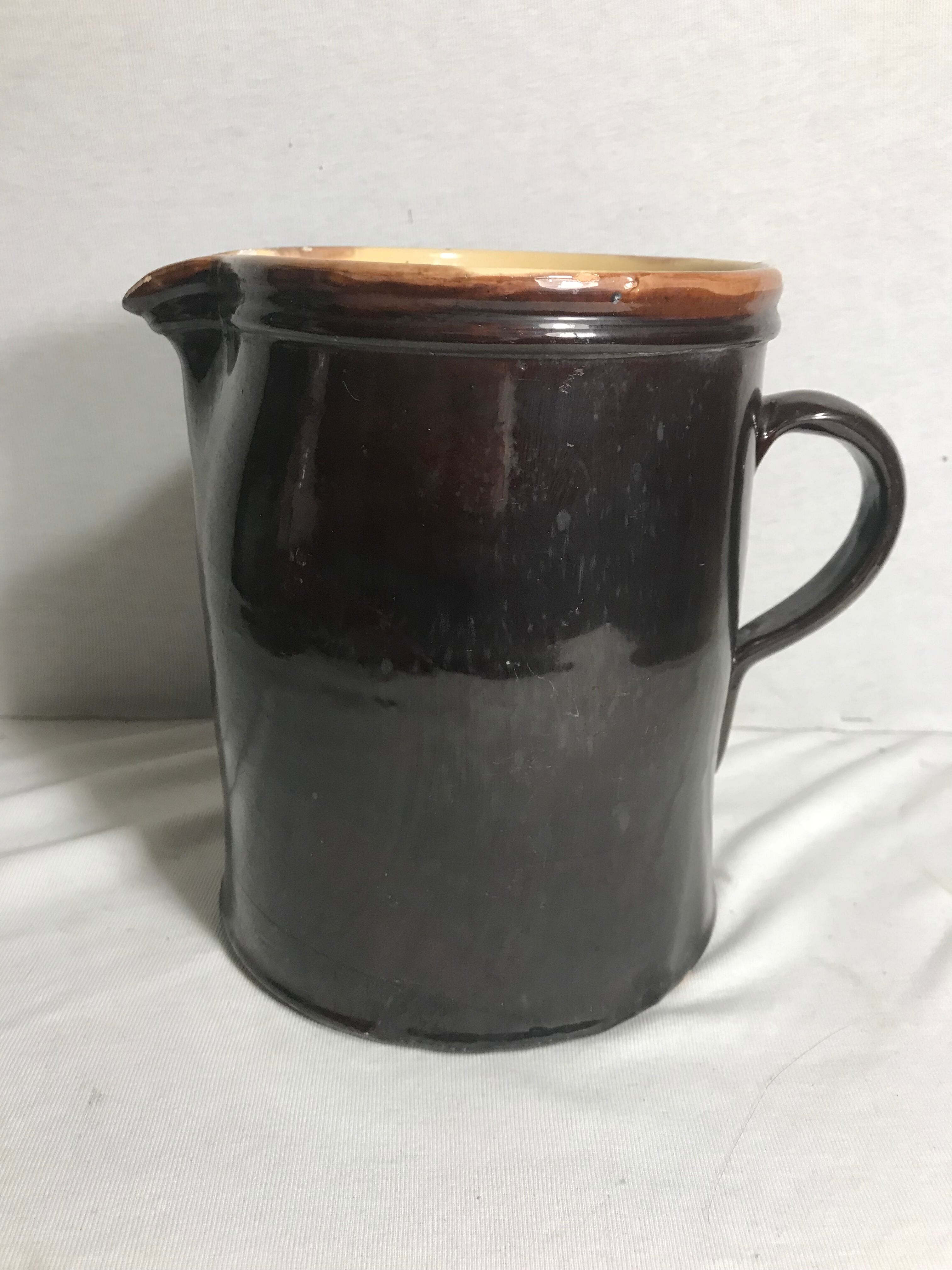 Old ceramic jug with brown enamel inside beige beige 50's