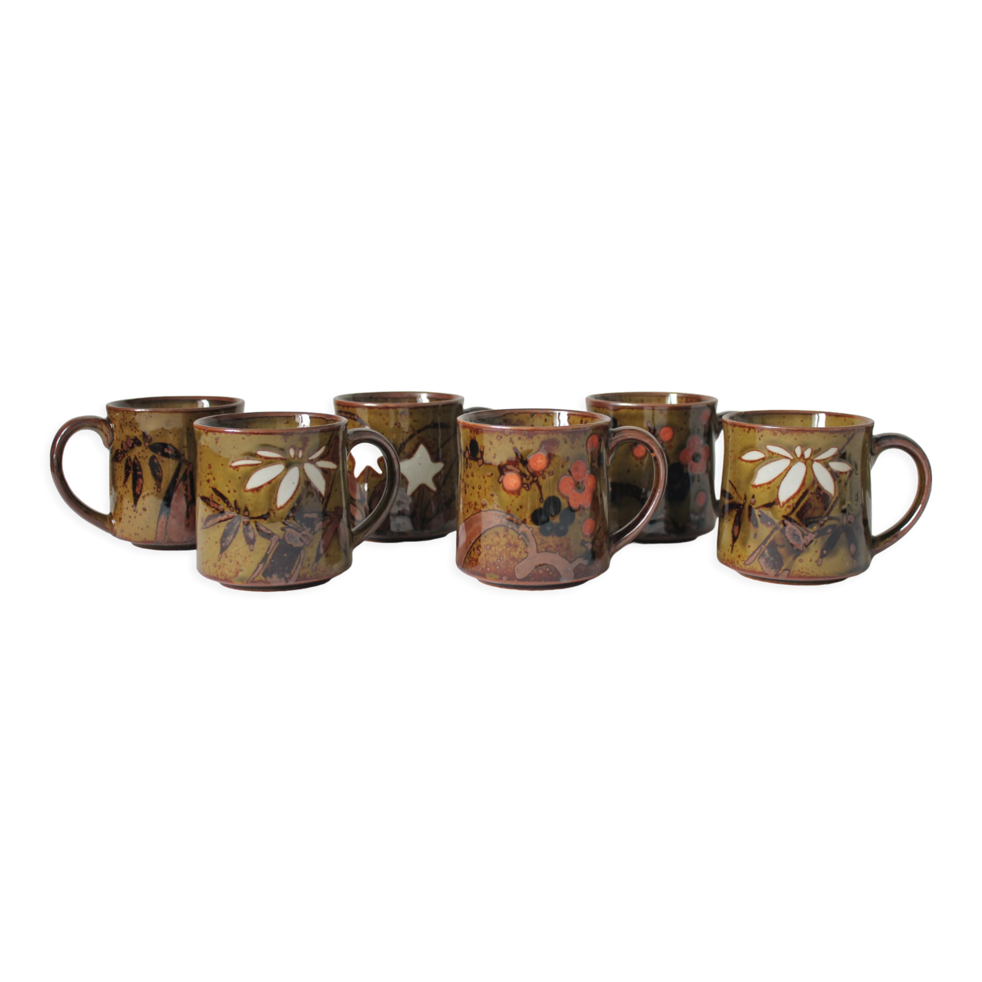 6 mugs en grès flambé vintage années 70