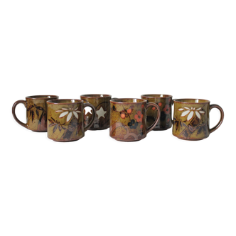 6 vintage flambé stoneware mugs vintage 70s
