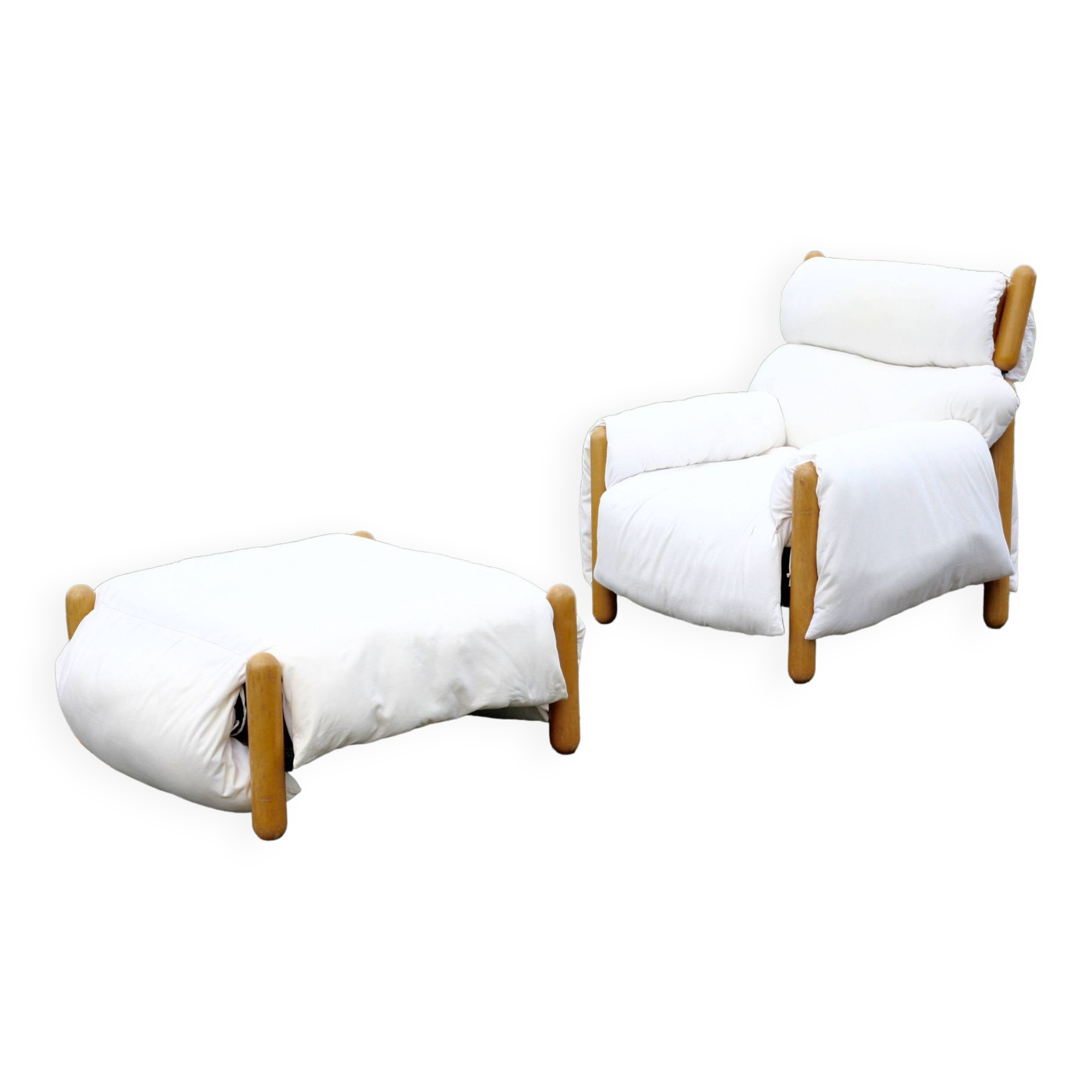 Enzo Mari, Gamba di Legno armchair and ottoman, Driade, Italy, 1976