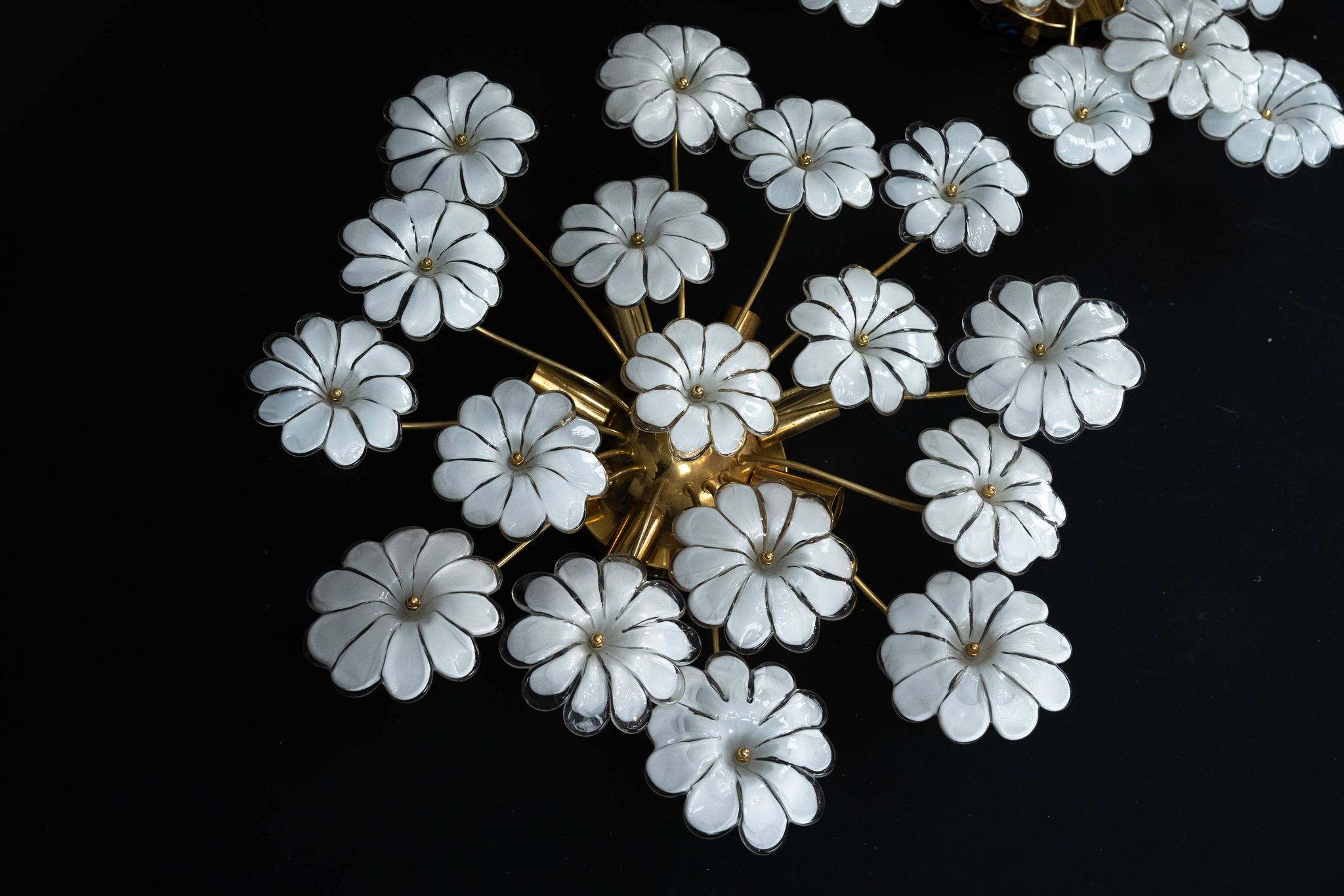 Pair of Murano white flower ceiling lamps. Italy 1980s