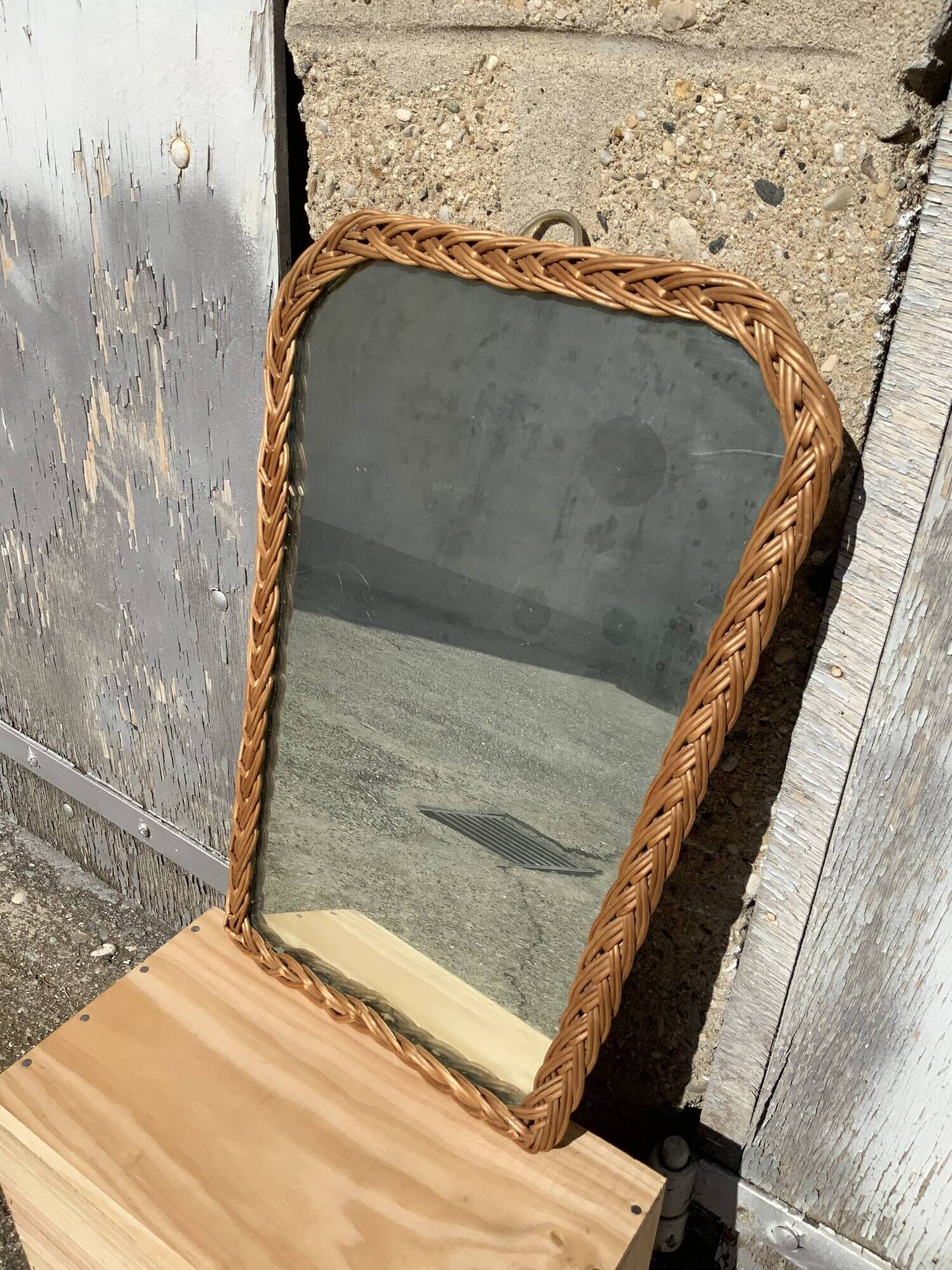 Antique mirror in rattan and wood shape mirror vintage braided wicker