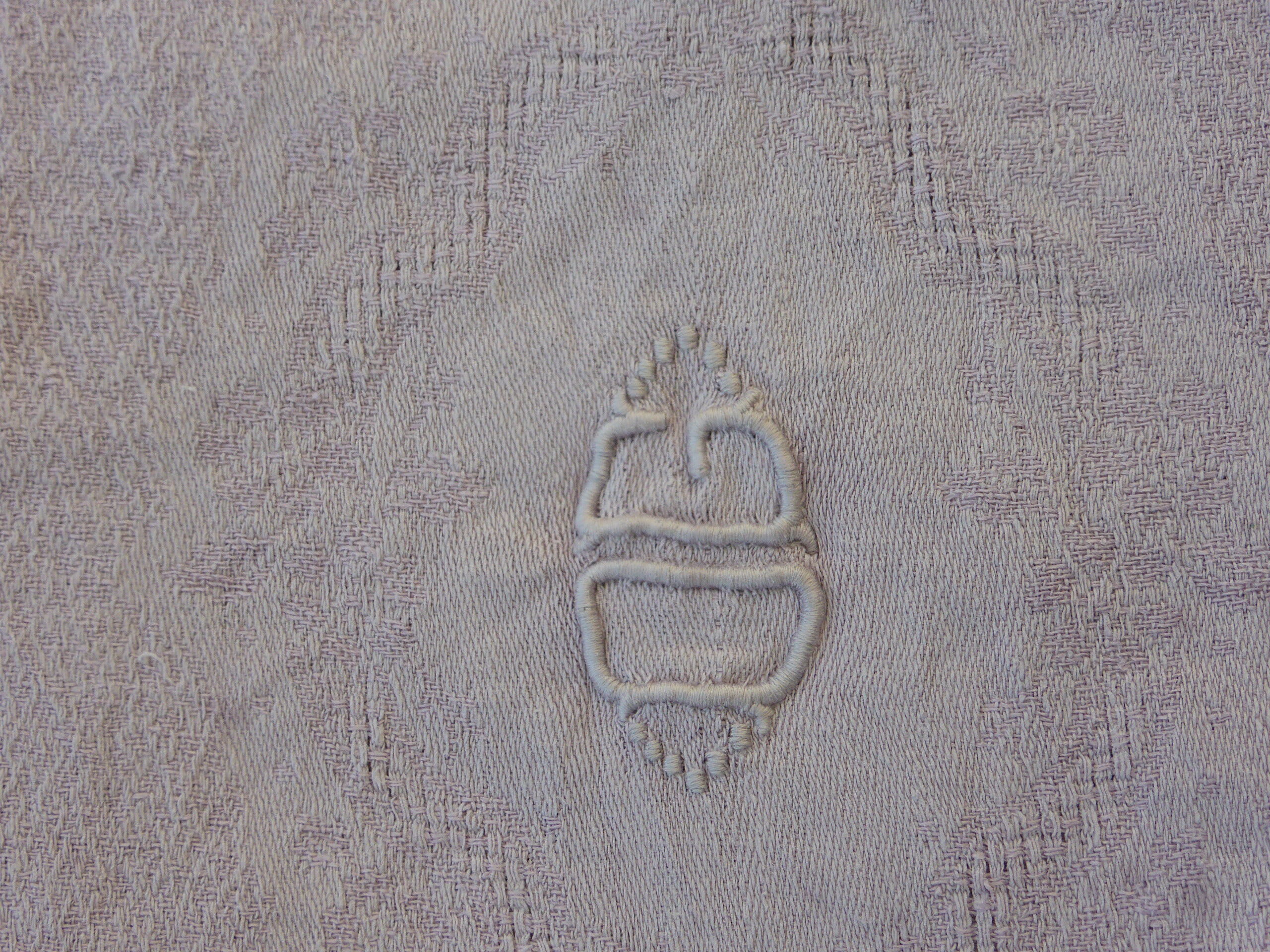 6 rectangular towels, damask cotton, Lilas tint and monogrammed OG, art deco