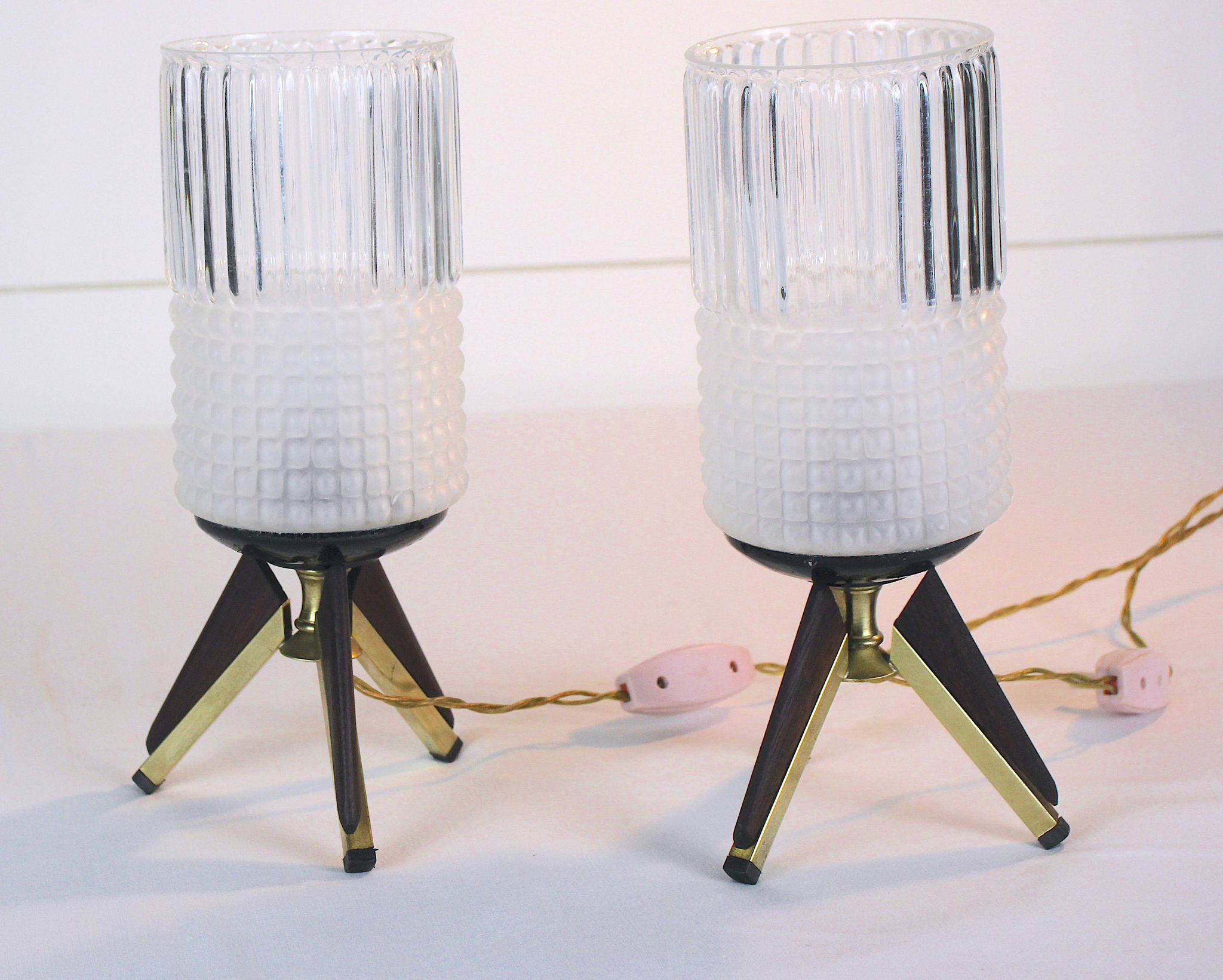 Pair of bedside lamps, Brass, Teak, Venetian glass, Italy, 1950
