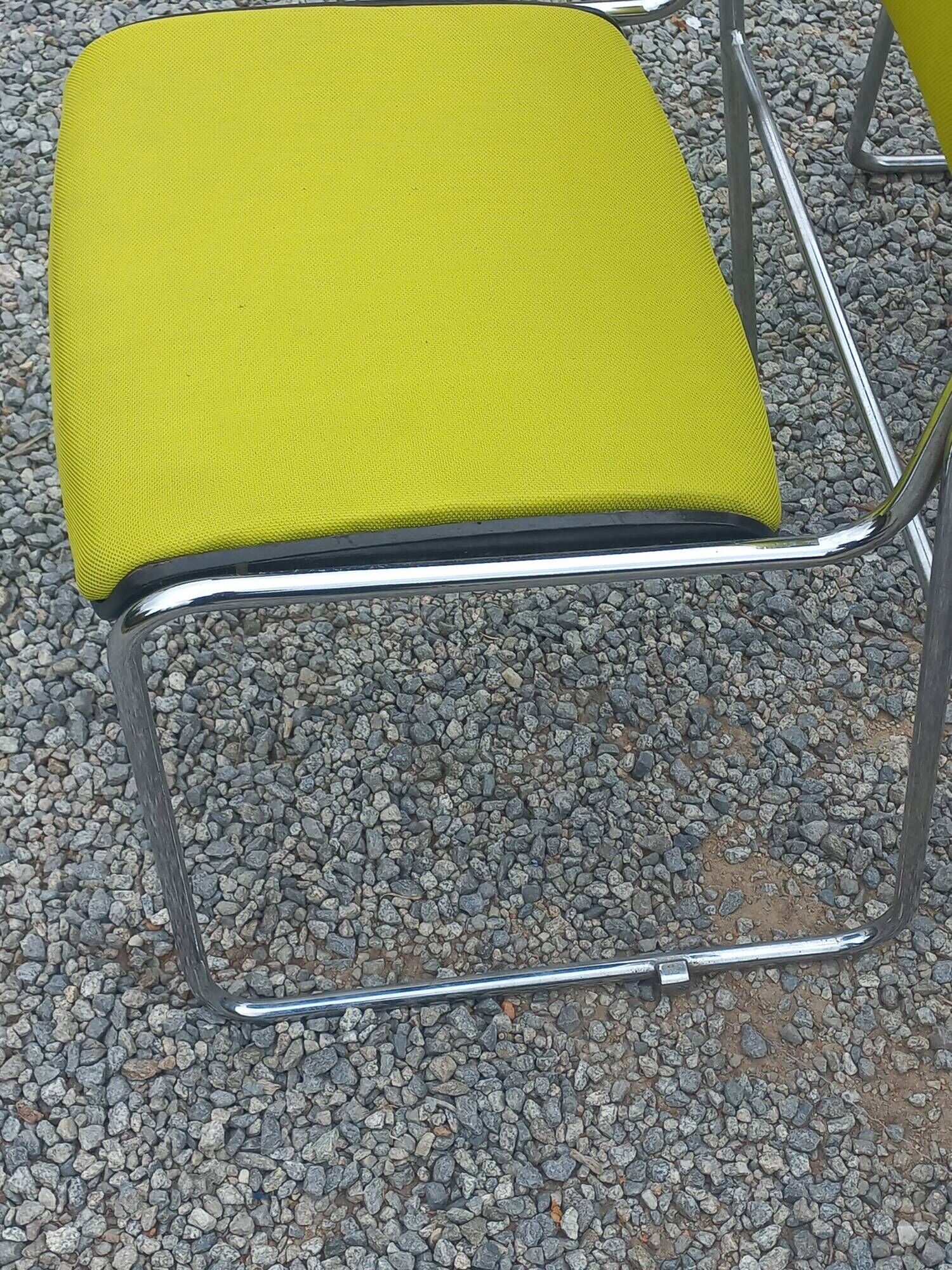 Set of 6 designer chairs with wooden seats and backs, chrome legs.