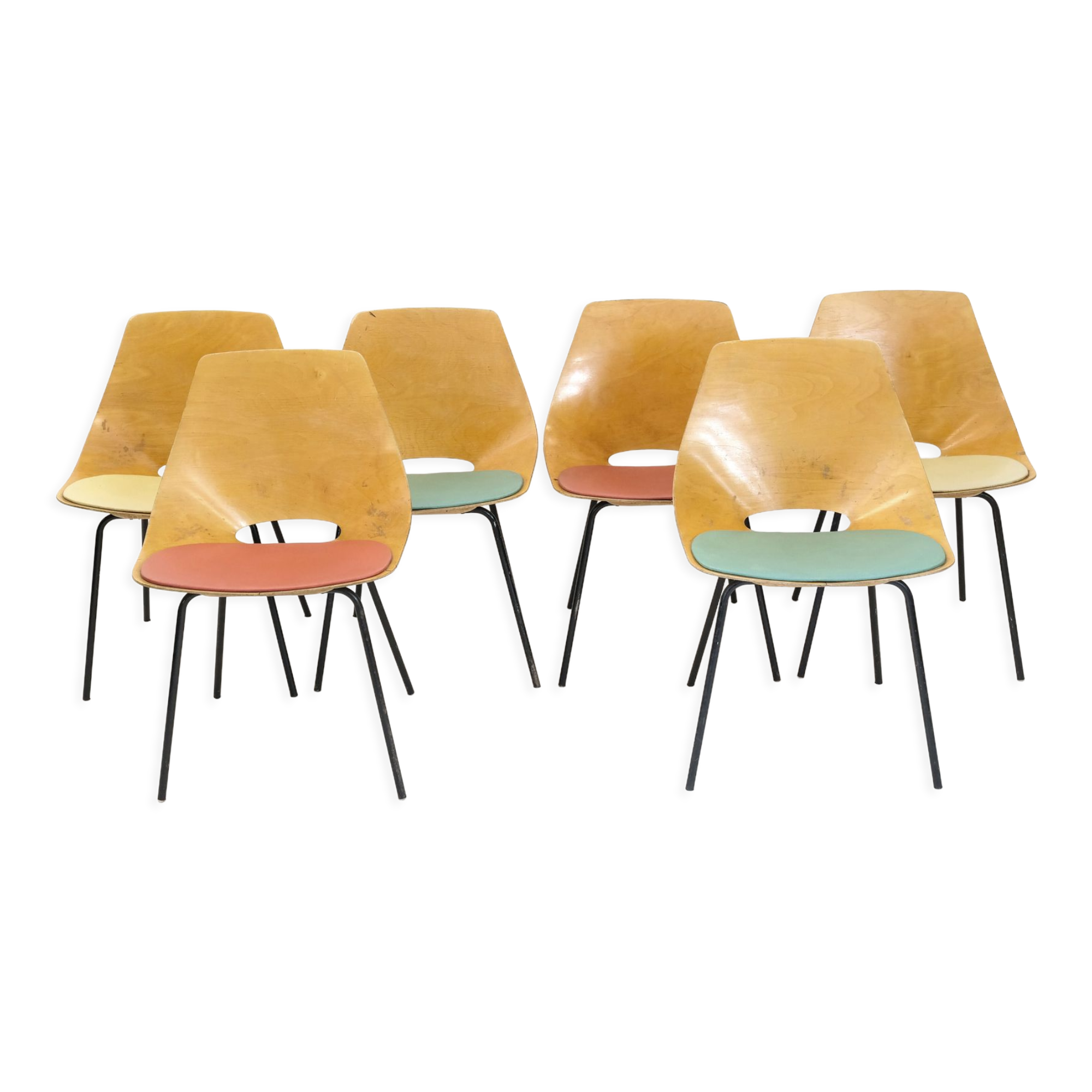 Pierre Guariche set of 6 Tonneau chairs, Steiner, 1960.