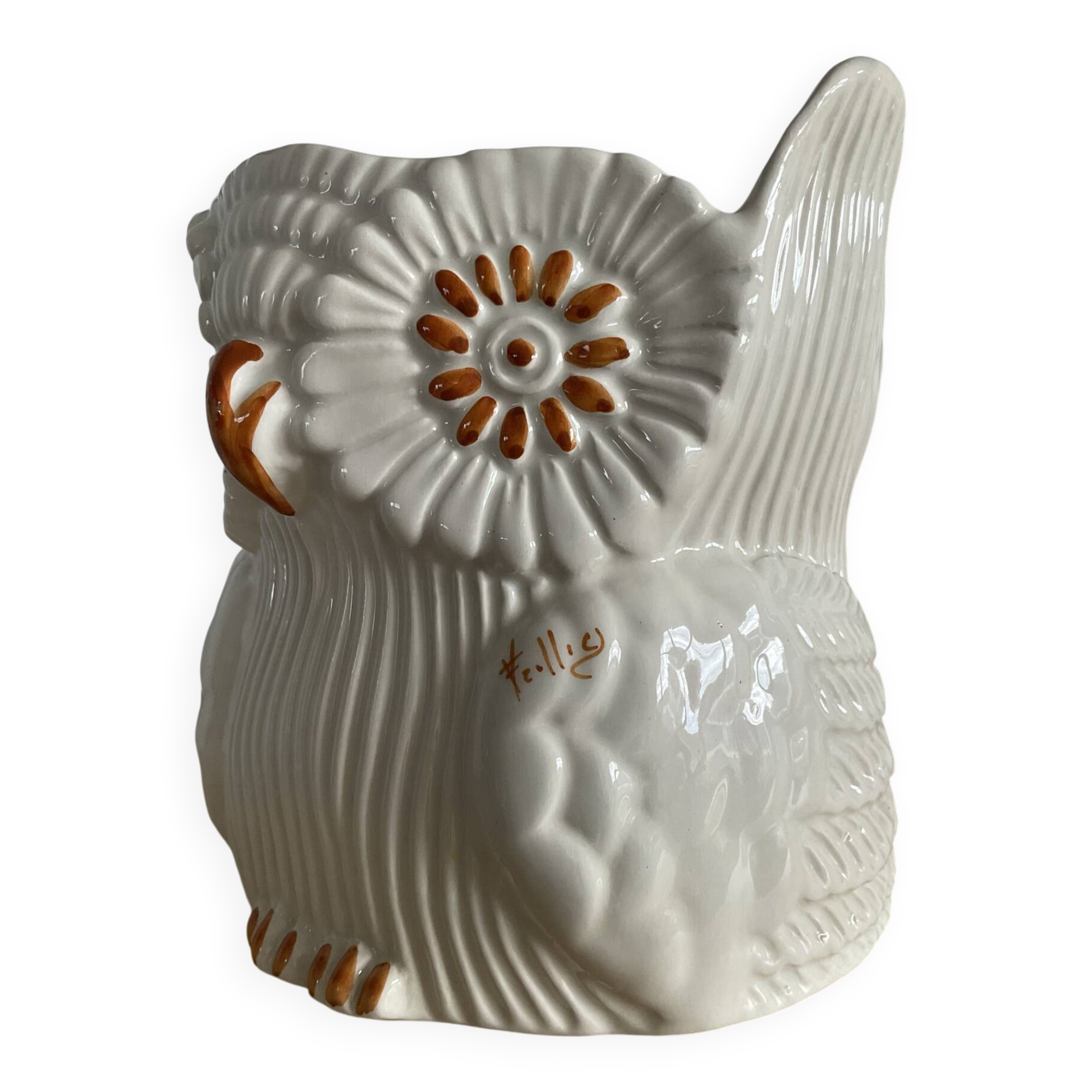 Vintage ceramic owl cache pot signed