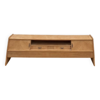 Vintage TV cabinet in raw wood with sliding doors
