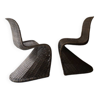 set de 2 chaises incurvées en rotin, design 1960 / 1970