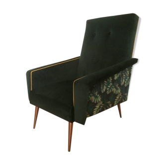 Retro armchair, from the 50s/60s, restored in green velvet and jungle velvet