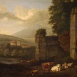 Great 17th century Italian painting, bucolic landscape with ruins