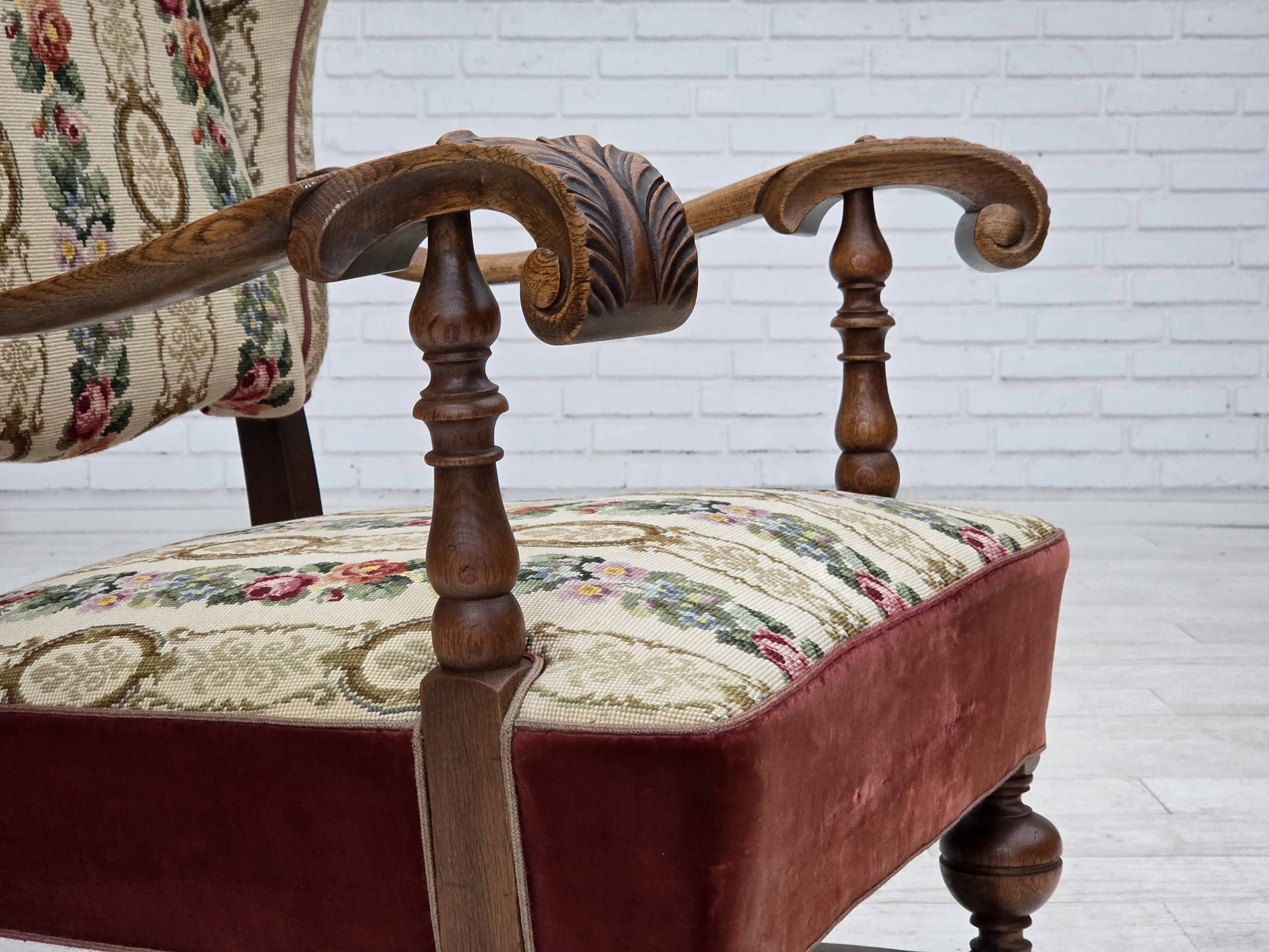 1950s, Danish wingback armchair, wool fabric, red furniture velour.