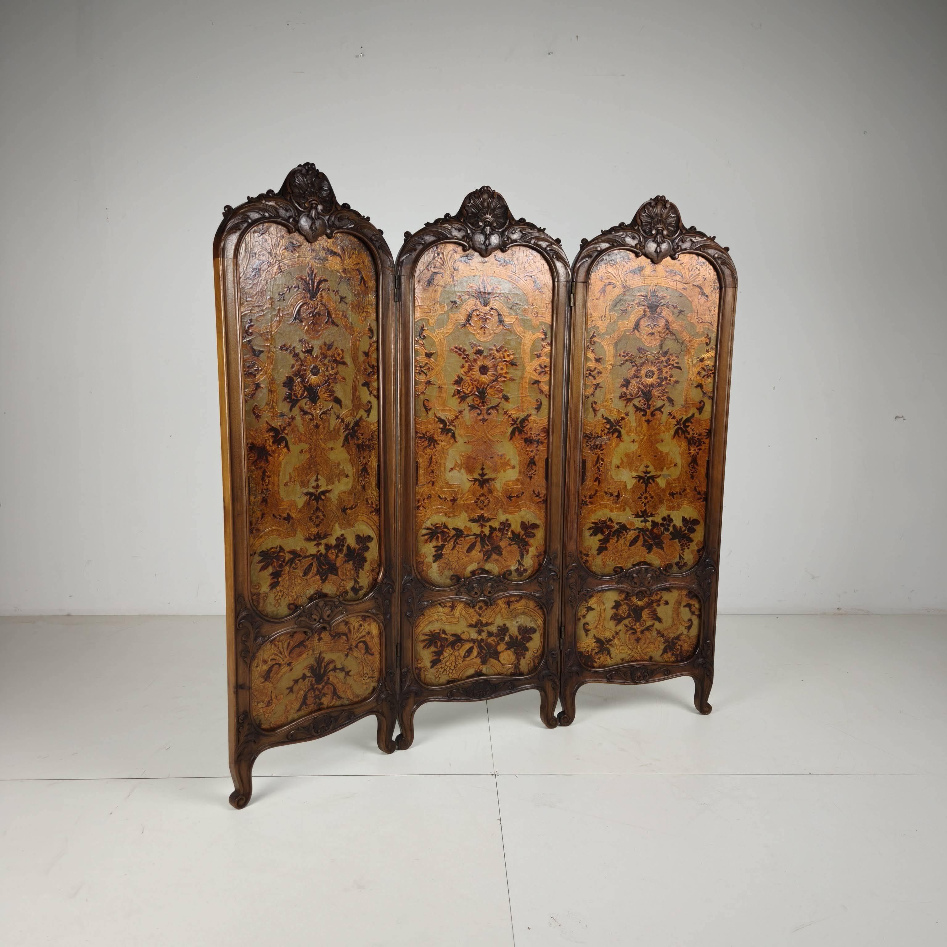 Gilt Leather Room Divider with Rich Carving, Circa 1860