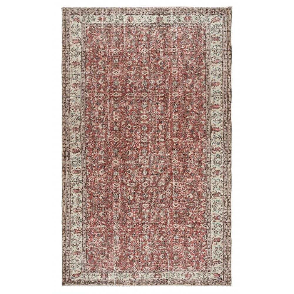 Vintage Handmade Turkish Red Wool Area Rug with Floral Design for Home and Office Decor