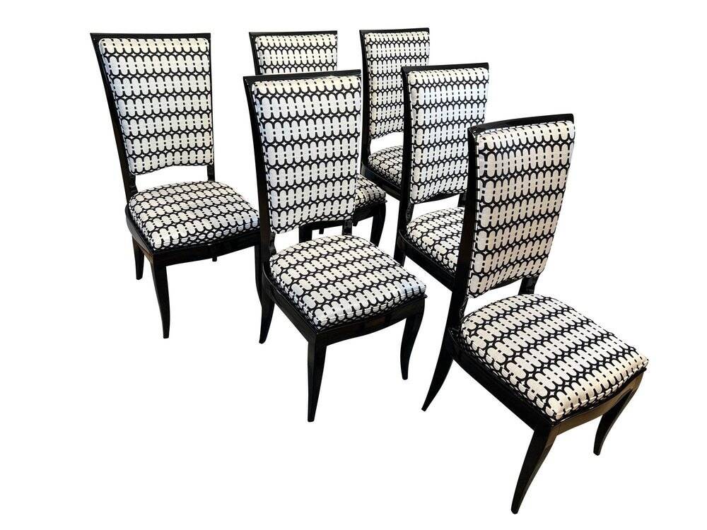 Art Deco High Back Black Lacquered Dining Chairs, France, 1930s, Set of 6