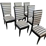 Art Deco High Back Black Lacquered Dining Chairs, France, 1930s, Set of 6