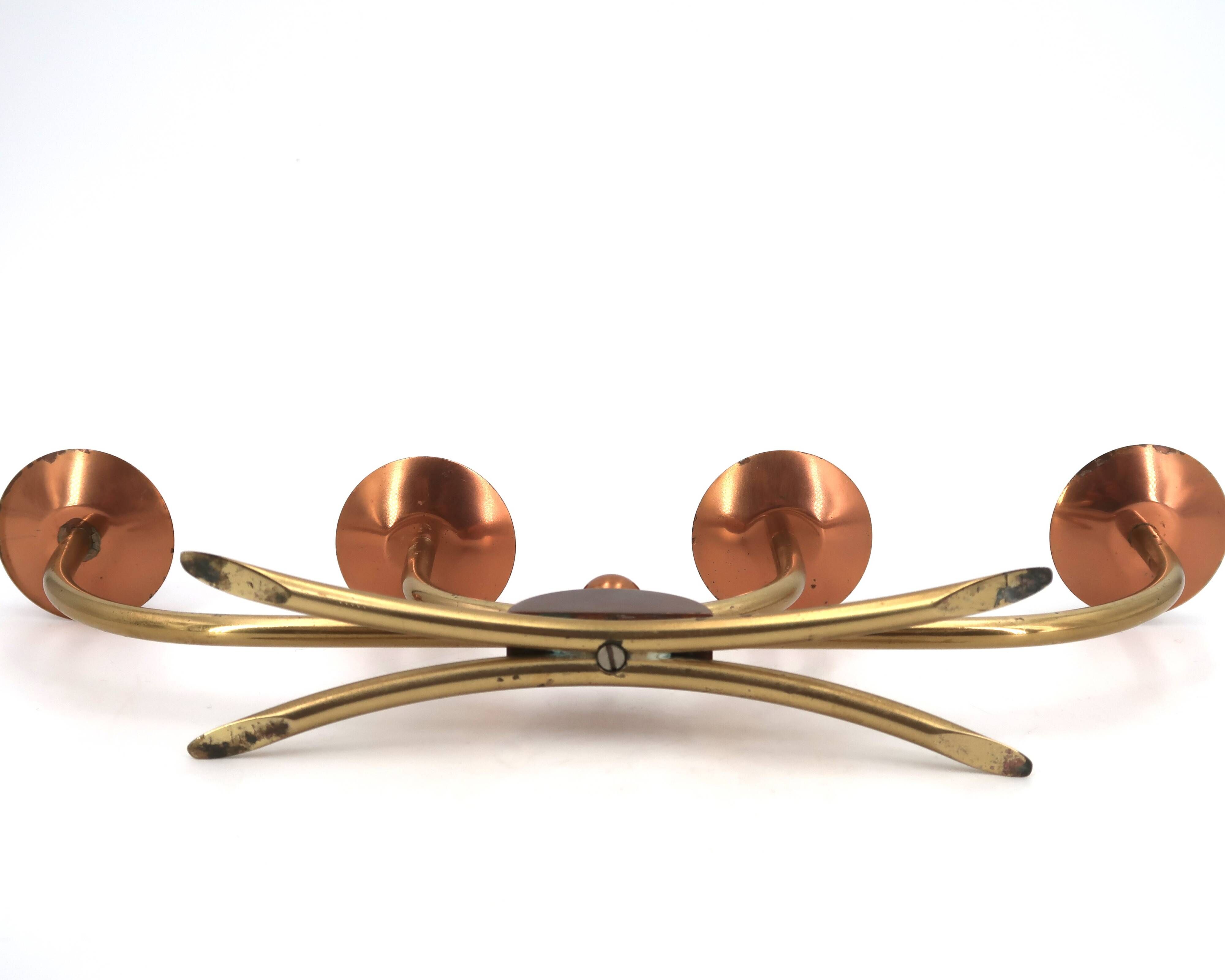 Scandinavian four-branch candlestick in copper and brass, 1950s