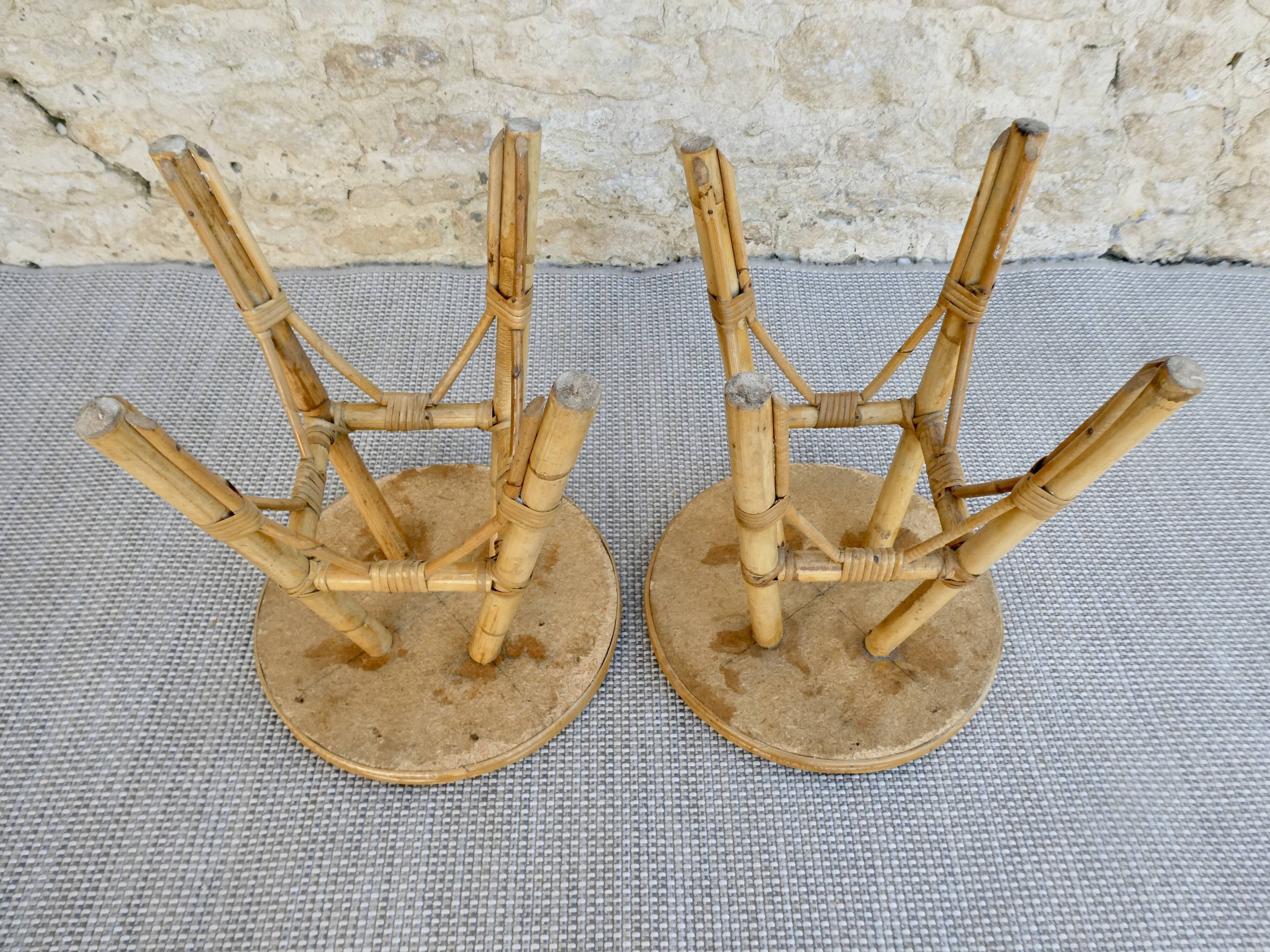 Pair of rattan and wood stools, vintage