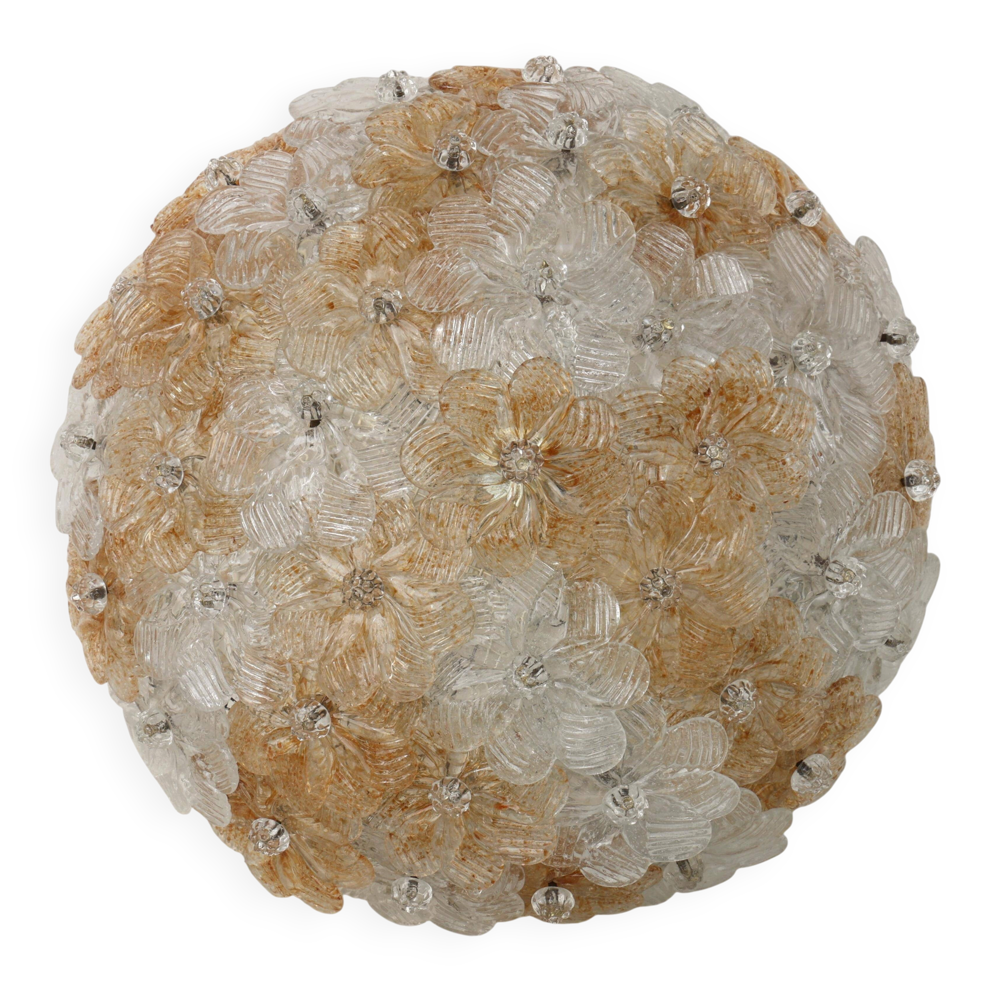Wonderful Orange and Transparent Murano Glass Ceiling Light Flower by Seguso