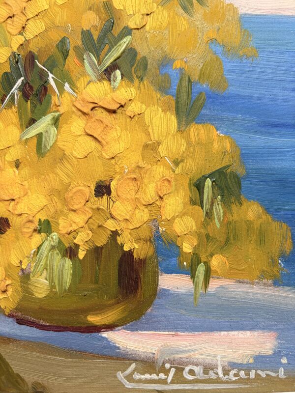 Tableau Huile Bouquet de Mimosa Bord de Mer Signé Louis Adami Cadre Doré