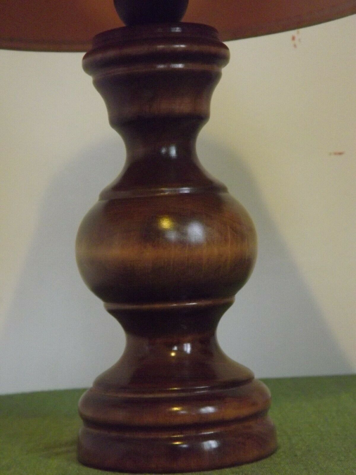 Pair French Mid Century Turned Wood Table Lamps With Beige & Gold Shades 3247
