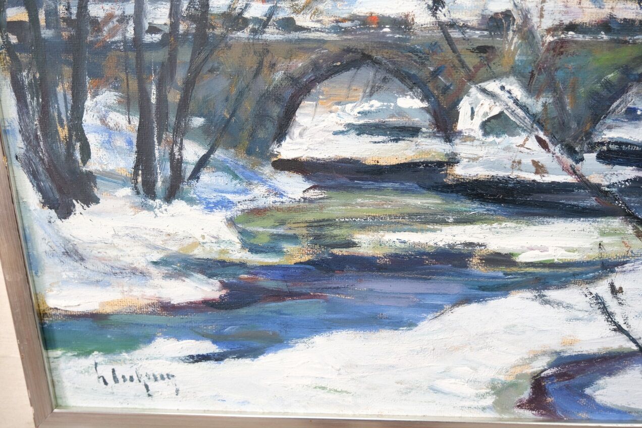 Gideon isaksson (1911-1980), scandinavian modern landscape, 1960s, oil on panel, framed