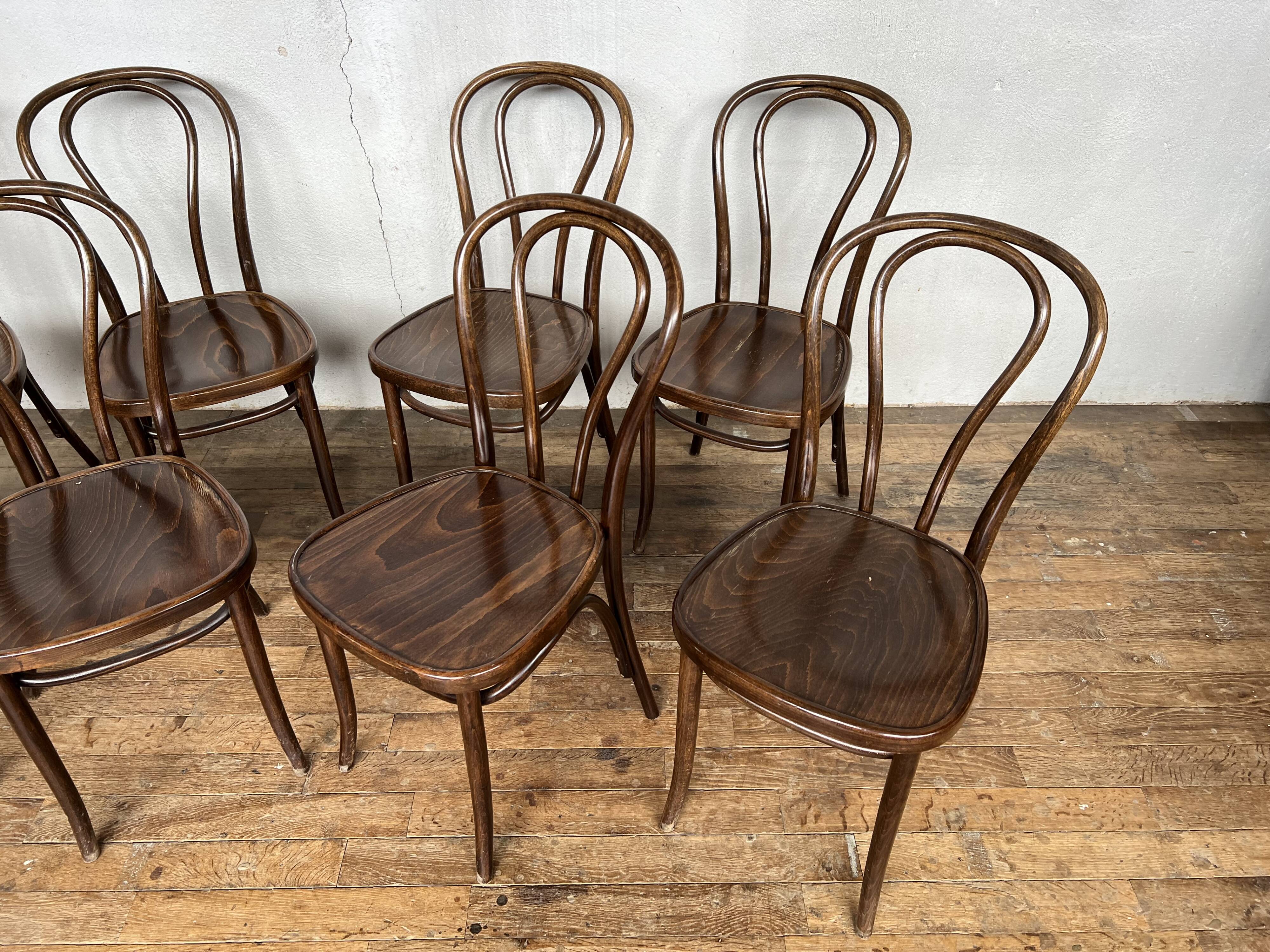 Series of 8 bistro chairs troquet wood curved vintage 1960