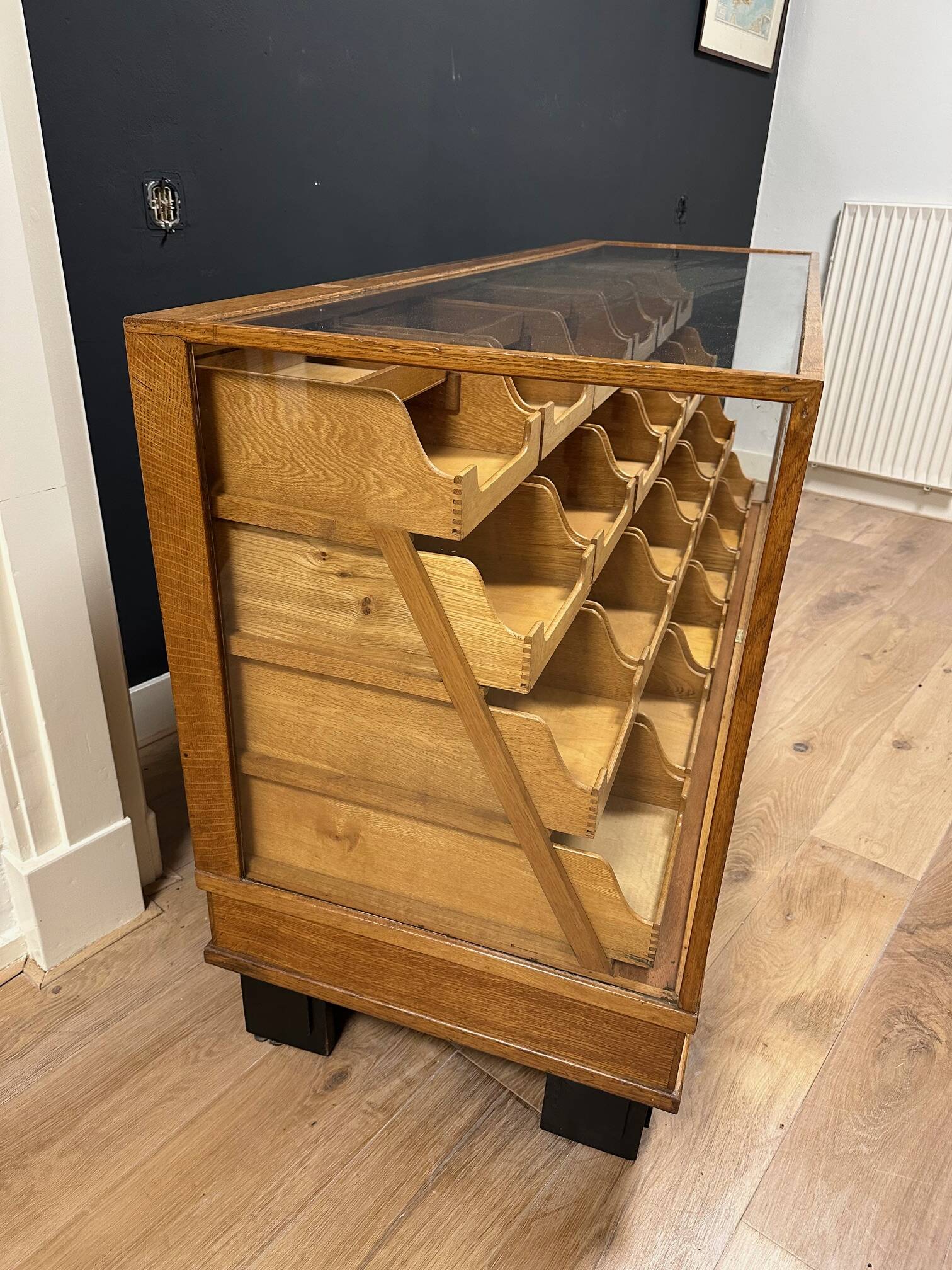 Old oak display counter with 24 drawers