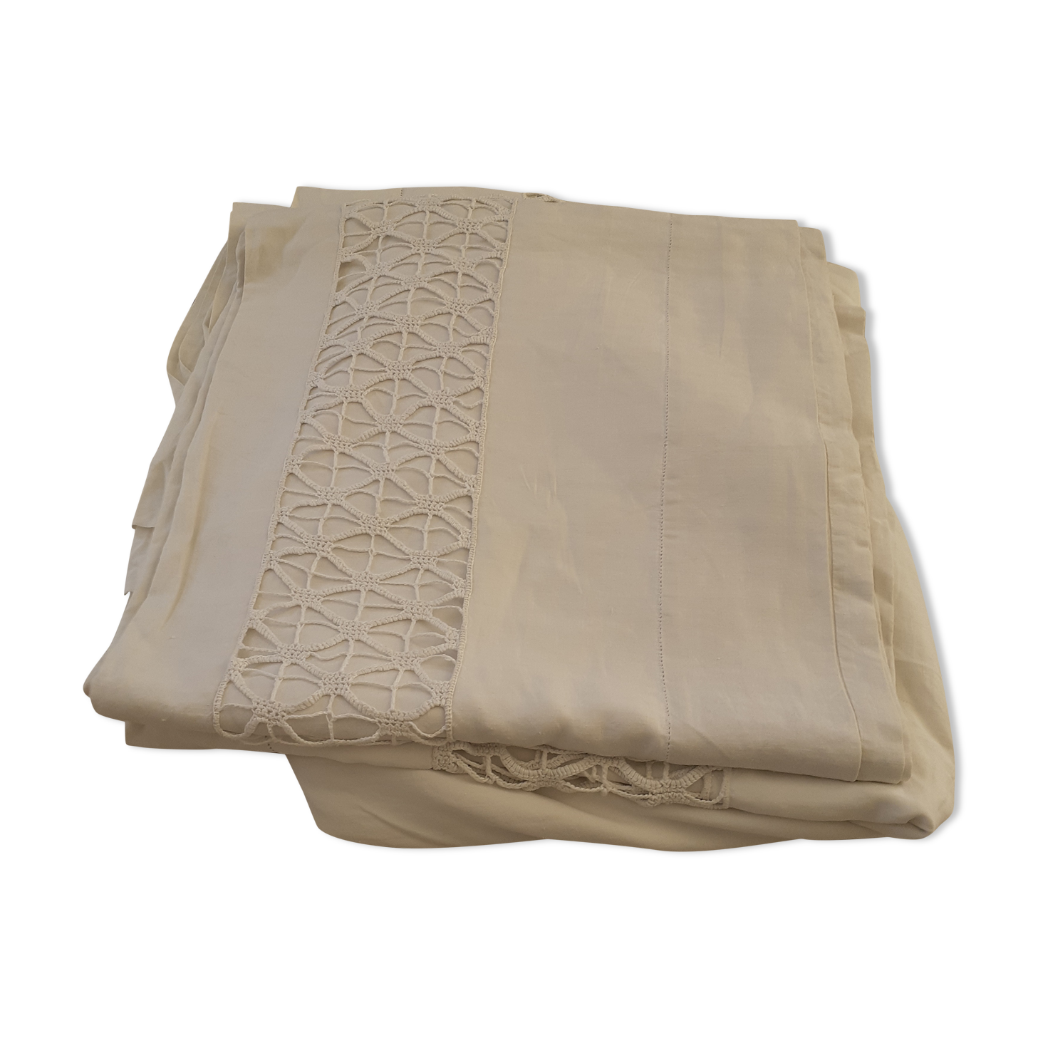 Pair of large thread sheets with handmade lace between two.