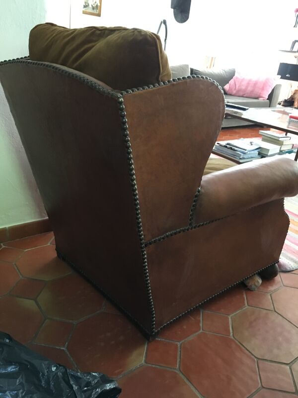 paire De fauteuils Club En cuir Et Velour Circa 1950