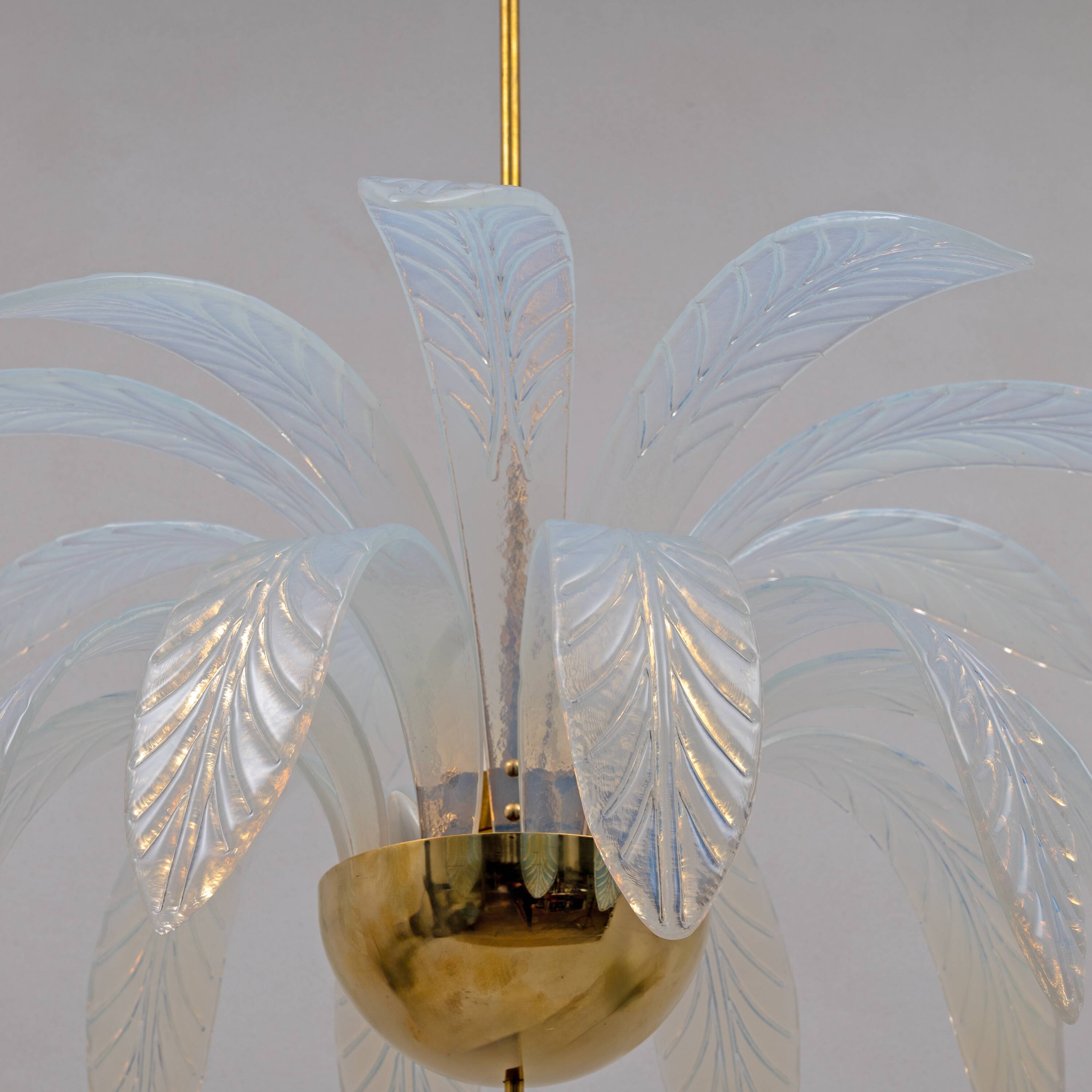 Iridescent Murano Glass and Brass Palm Leaves Chandelier