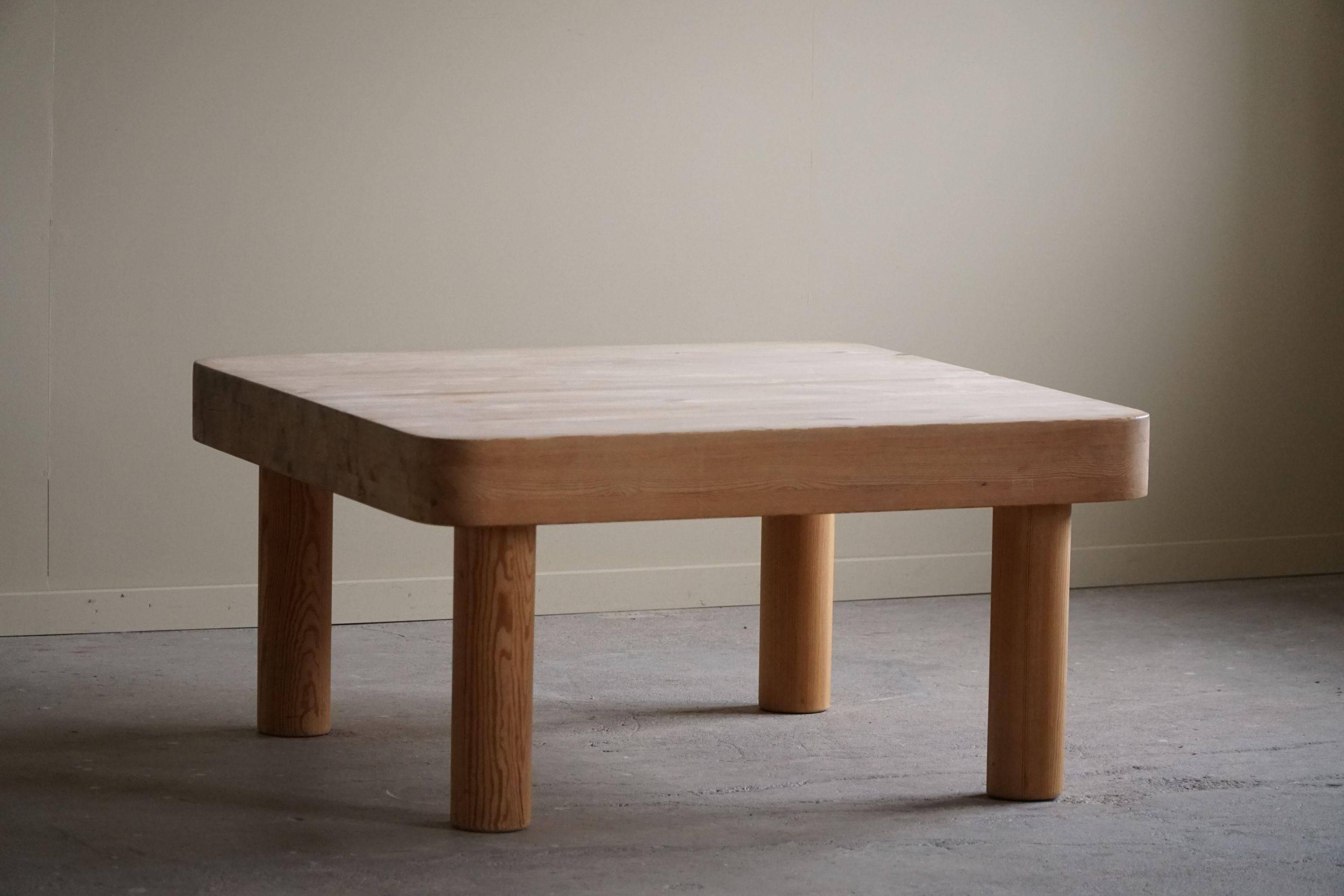 Square coffee table in solid pine with solid legs by Rainer Daumiller, mid-20th century brutalist style.
