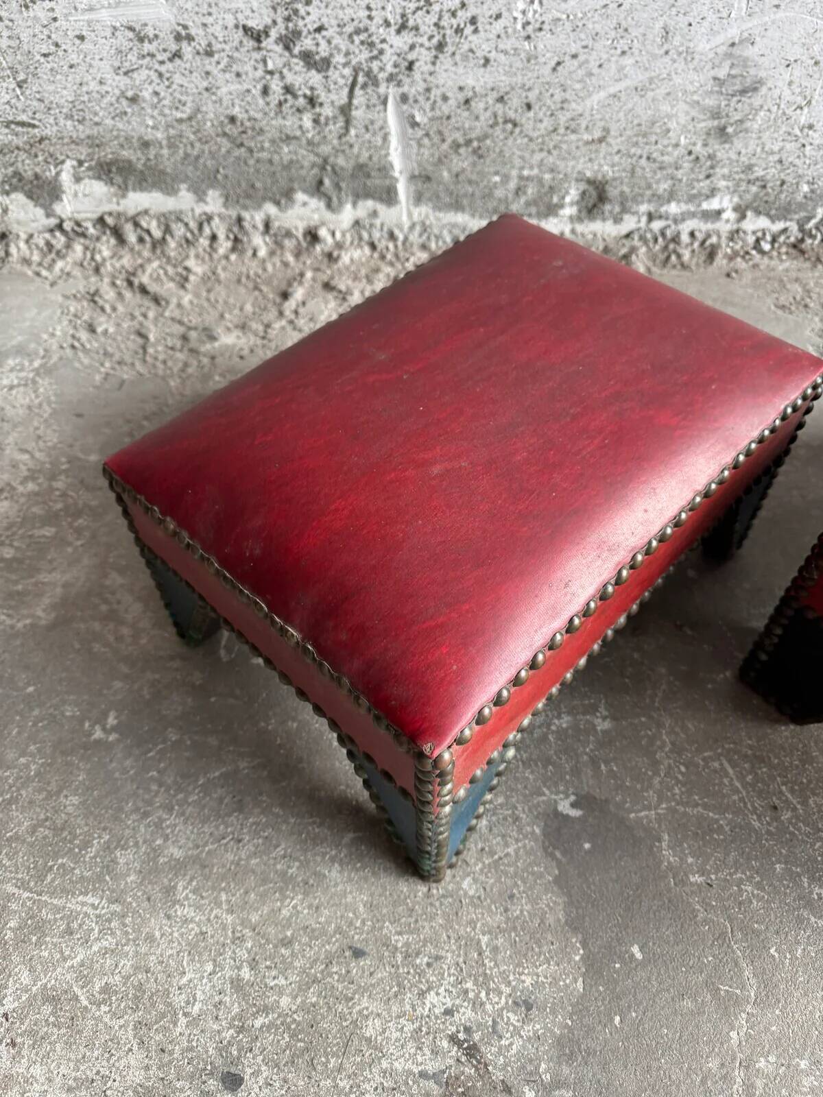 Set of 2 Brown-Beige Leather Poufs with Metal-Studded Seams — Low Vintage Ottomans