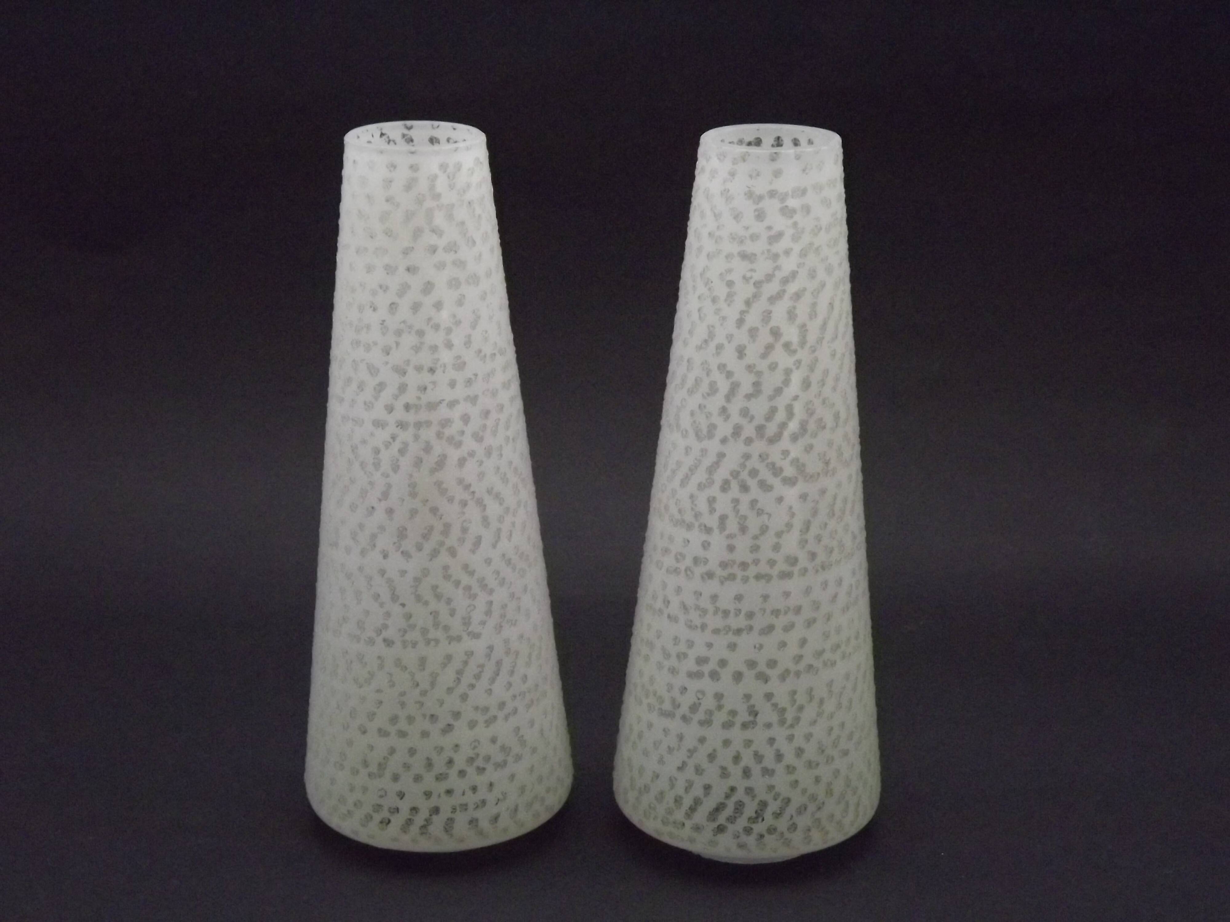 Pair of French vintage retro white opaque patterned glass replacement shades.