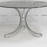 Living room table "Space Age" polished steel, circular slab smoked glass. France, circa 1970.