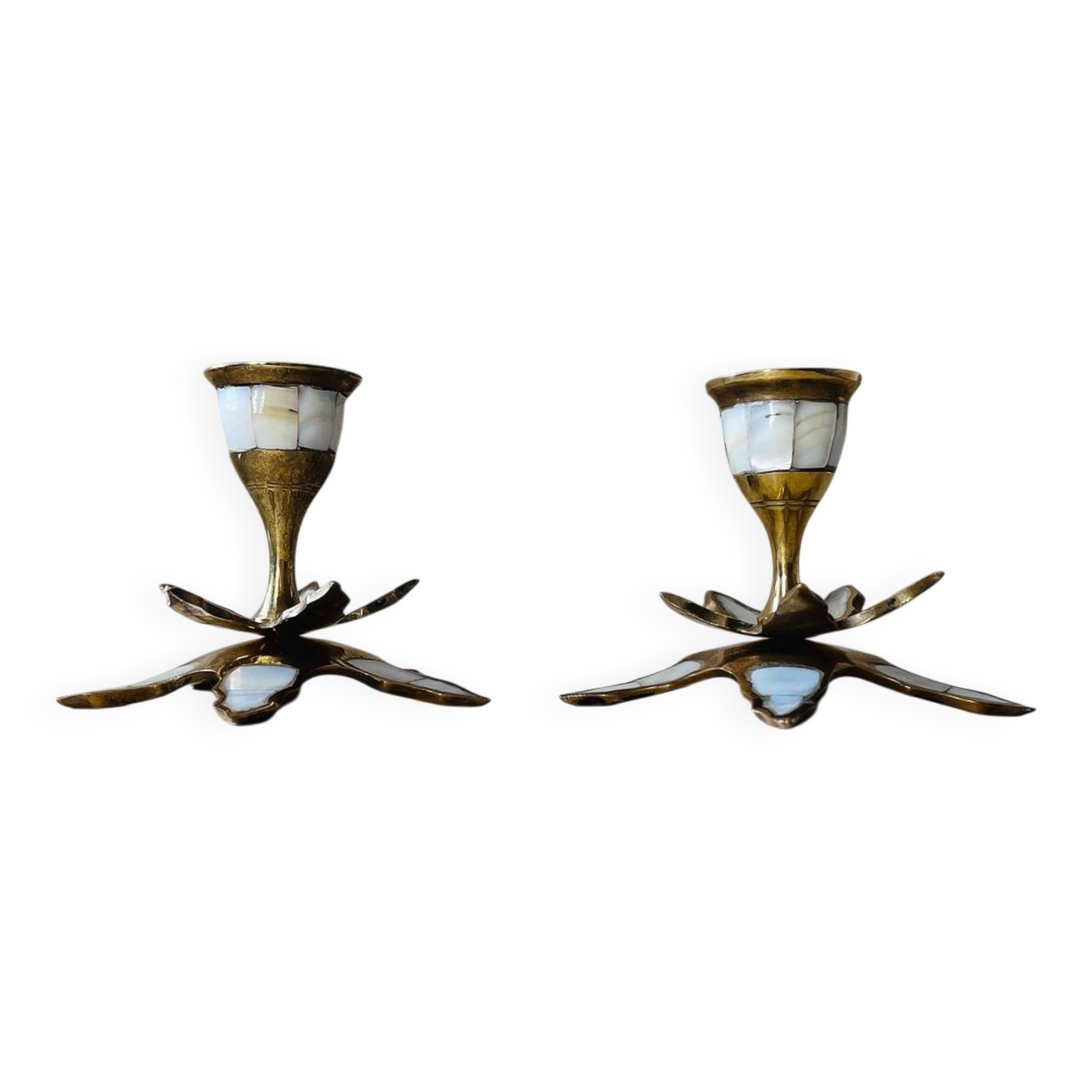 Pair of vintage brass and mother-of-pearl candlesticks