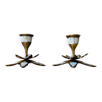 Pair of vintage brass and mother-of-pearl candlesticks
