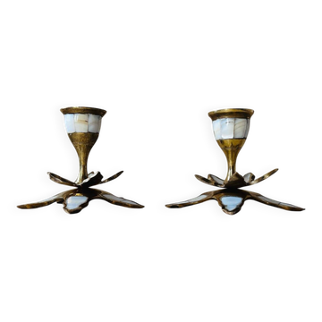 Pair of vintage brass and mother-of-pearl candlesticks
